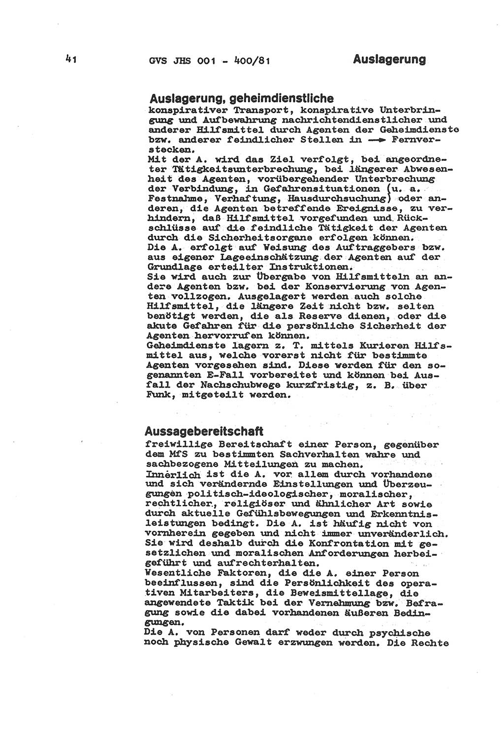 Wörterbuch der politisch-operativen Arbeit, Ministerium für Staatssicherheit (MfS) [Deutsche Demokratische Republik (DDR)], Juristische Hochschule (JHS), Geheime Verschlußsache (GVS) o001-400/81, Potsdam 1985, Blatt 41 (Wb. pol.-op. Arb. MfS DDR JHS GVS o001-400/81 1985, Bl. 41)