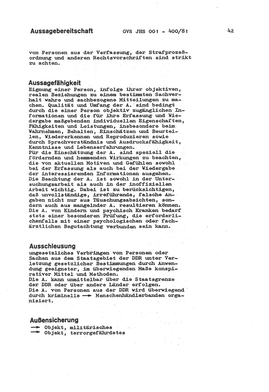 Wörterbuch der politisch-operativen Arbeit, Ministerium für Staatssicherheit (MfS) [Deutsche Demokratische Republik (DDR)], Juristische Hochschule (JHS), Geheime Verschlußsache (GVS) o001-400/81, Potsdam 1985, Blatt 42 (Wb. pol.-op. Arb. MfS DDR JHS GVS o001-400/81 1985, Bl. 42)