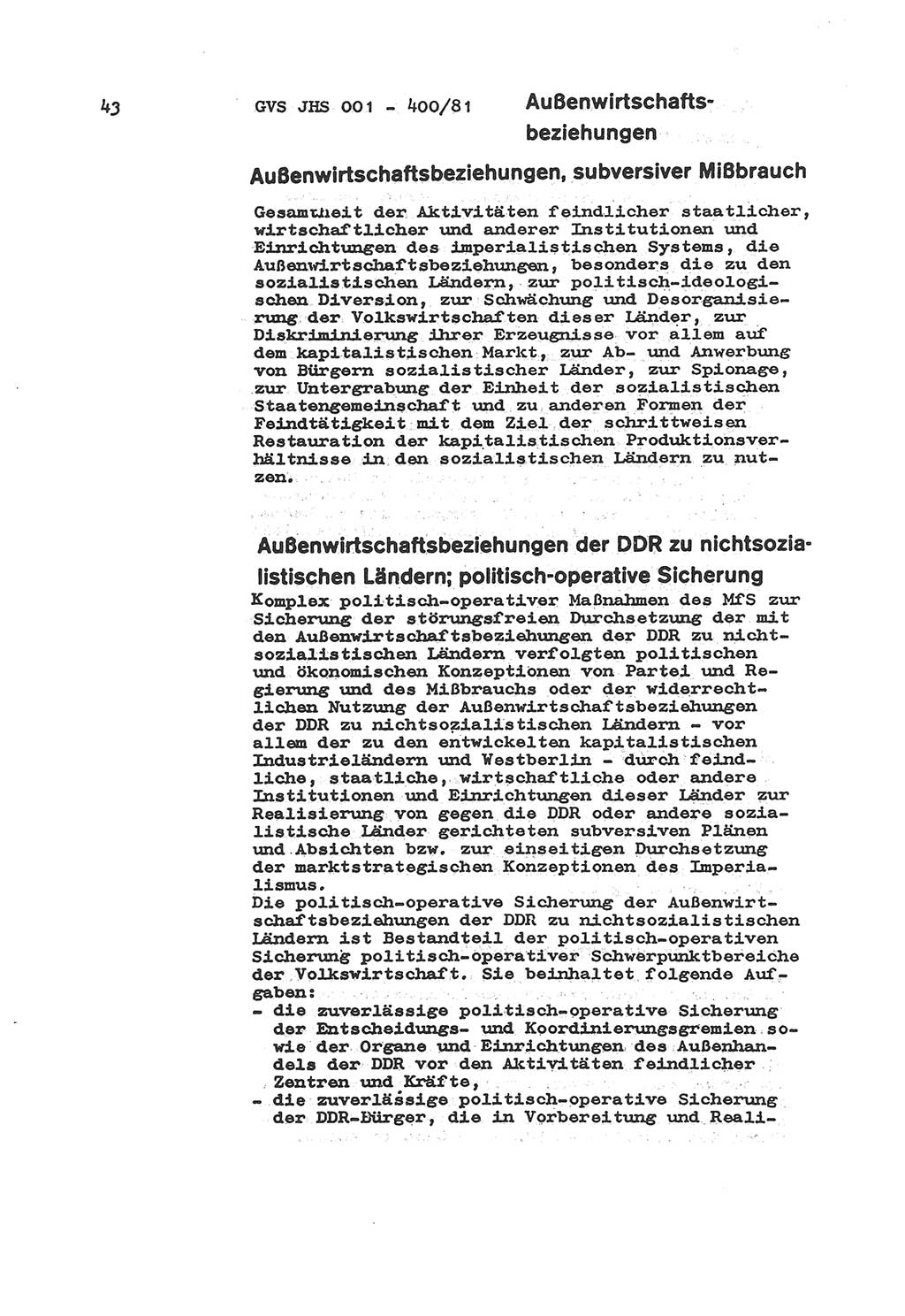 Wörterbuch der politisch-operativen Arbeit, Ministerium für Staatssicherheit (MfS) [Deutsche Demokratische Republik (DDR)], Juristische Hochschule (JHS), Geheime Verschlußsache (GVS) o001-400/81, Potsdam 1985, Blatt 43 (Wb. pol.-op. Arb. MfS DDR JHS GVS o001-400/81 1985, Bl. 43)