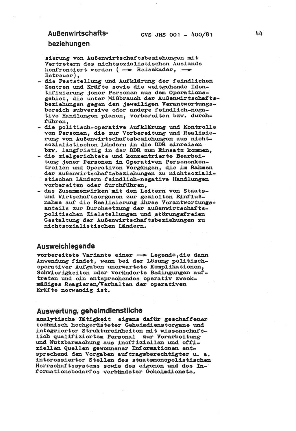 Wörterbuch der politisch-operativen Arbeit, Ministerium für Staatssicherheit (MfS) [Deutsche Demokratische Republik (DDR)], Juristische Hochschule (JHS), Geheime Verschlußsache (GVS) o001-400/81, Potsdam 1985, Blatt 44 (Wb. pol.-op. Arb. MfS DDR JHS GVS o001-400/81 1985, Bl. 44)