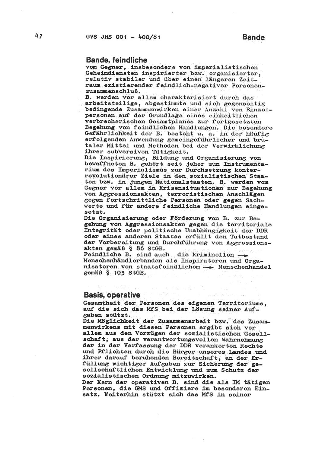 Wörterbuch der politisch-operativen Arbeit, Ministerium für Staatssicherheit (MfS) [Deutsche Demokratische Republik (DDR)], Juristische Hochschule (JHS), Geheime Verschlußsache (GVS) o001-400/81, Potsdam 1985, Blatt 47 (Wb. pol.-op. Arb. MfS DDR JHS GVS o001-400/81 1985, Bl. 47)