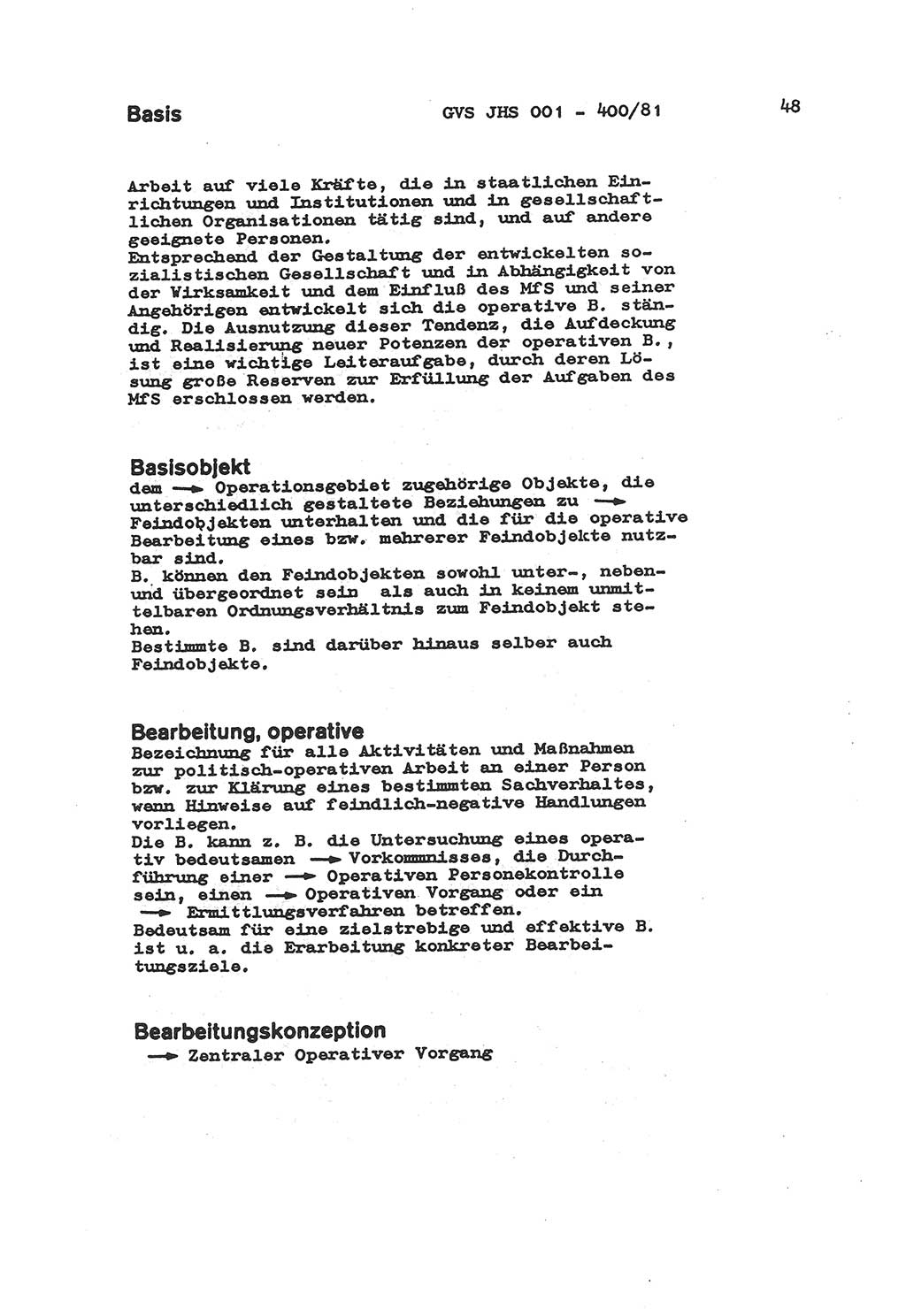 Wörterbuch der politisch-operativen Arbeit, Ministerium für Staatssicherheit (MfS) [Deutsche Demokratische Republik (DDR)], Juristische Hochschule (JHS), Geheime Verschlußsache (GVS) o001-400/81, Potsdam 1985, Blatt 48 (Wb. pol.-op. Arb. MfS DDR JHS GVS o001-400/81 1985, Bl. 48)