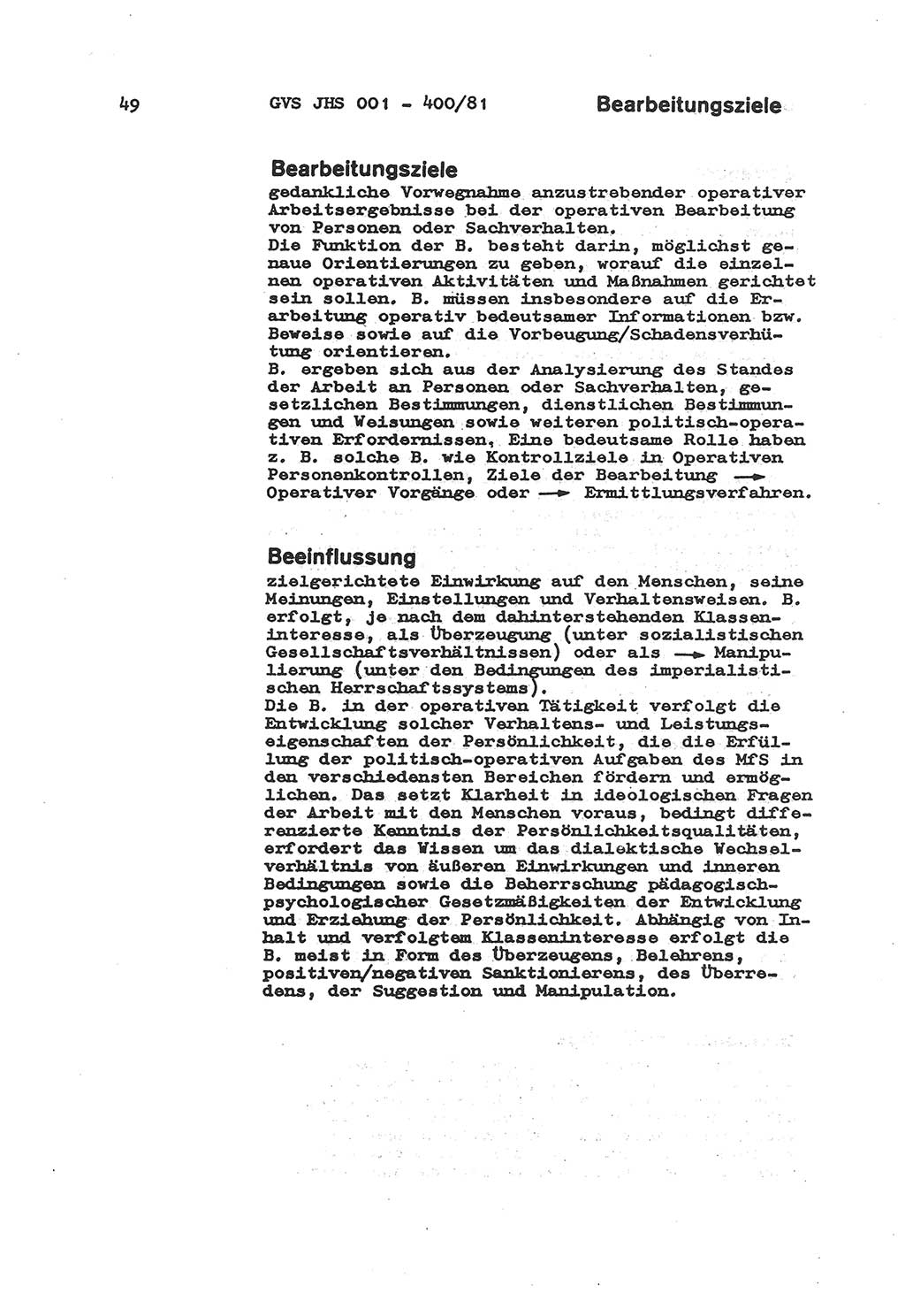 Wörterbuch der politisch-operativen Arbeit, Ministerium für Staatssicherheit (MfS) [Deutsche Demokratische Republik (DDR)], Juristische Hochschule (JHS), Geheime Verschlußsache (GVS) o001-400/81, Potsdam 1985, Blatt 49 (Wb. pol.-op. Arb. MfS DDR JHS GVS o001-400/81 1985, Bl. 49)