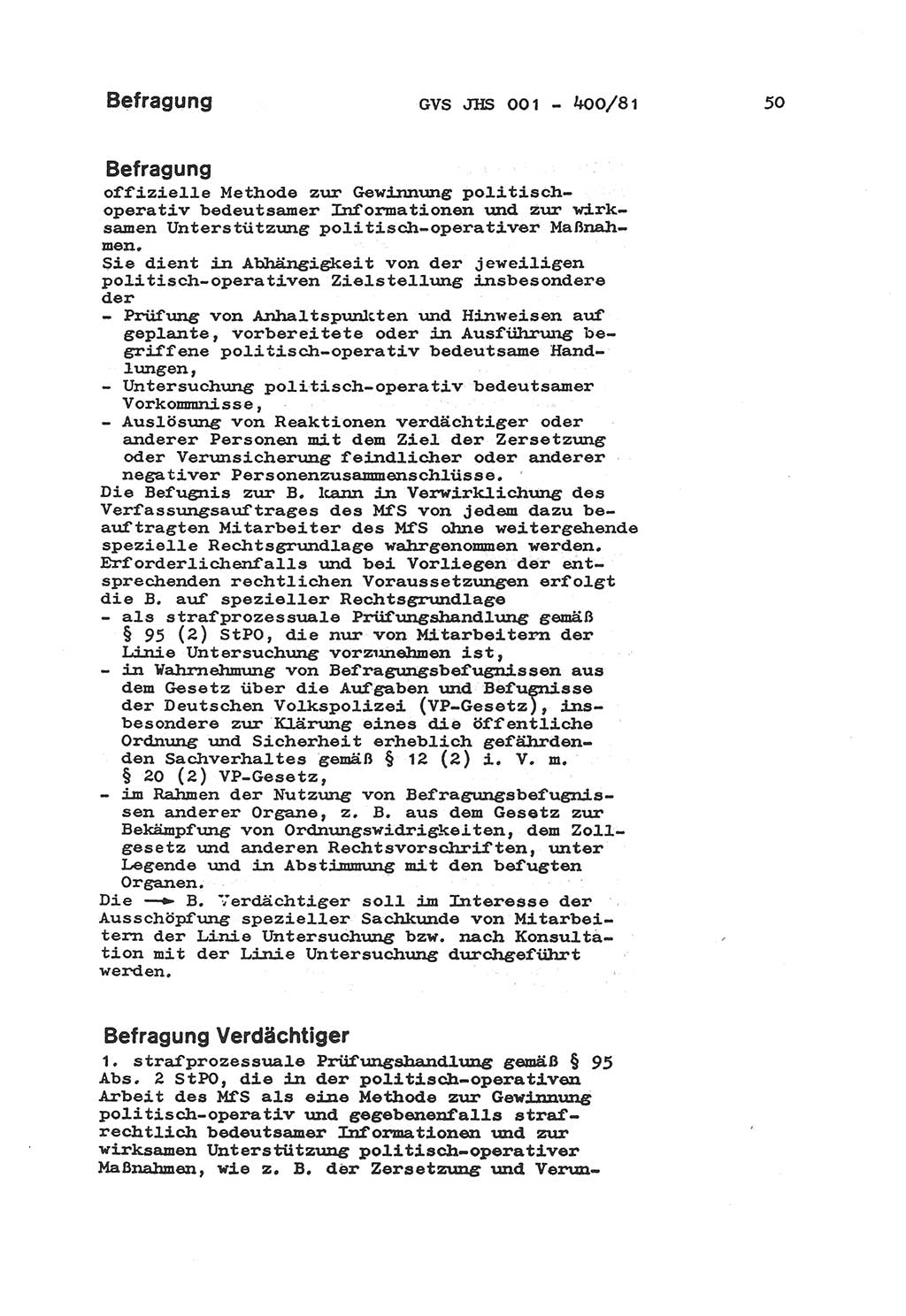 Wörterbuch der politisch-operativen Arbeit, Ministerium für Staatssicherheit (MfS) [Deutsche Demokratische Republik (DDR)], Juristische Hochschule (JHS), Geheime Verschlußsache (GVS) o001-400/81, Potsdam 1985, Blatt 50 (Wb. pol.-op. Arb. MfS DDR JHS GVS o001-400/81 1985, Bl. 50)