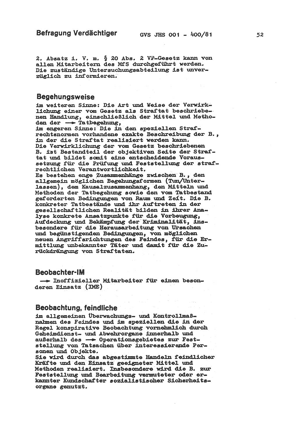 Wörterbuch der politisch-operativen Arbeit, Ministerium für Staatssicherheit (MfS) [Deutsche Demokratische Republik (DDR)], Juristische Hochschule (JHS), Geheime Verschlußsache (GVS) o001-400/81, Potsdam 1985, Blatt 52 (Wb. pol.-op. Arb. MfS DDR JHS GVS o001-400/81 1985, Bl. 52)