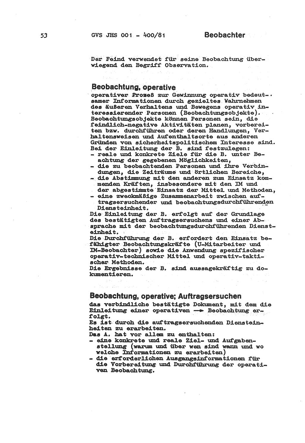 Wörterbuch der politisch-operativen Arbeit, Ministerium für Staatssicherheit (MfS) [Deutsche Demokratische Republik (DDR)], Juristische Hochschule (JHS), Geheime Verschlußsache (GVS) o001-400/81, Potsdam 1985, Blatt 53 (Wb. pol.-op. Arb. MfS DDR JHS GVS o001-400/81 1985, Bl. 53)