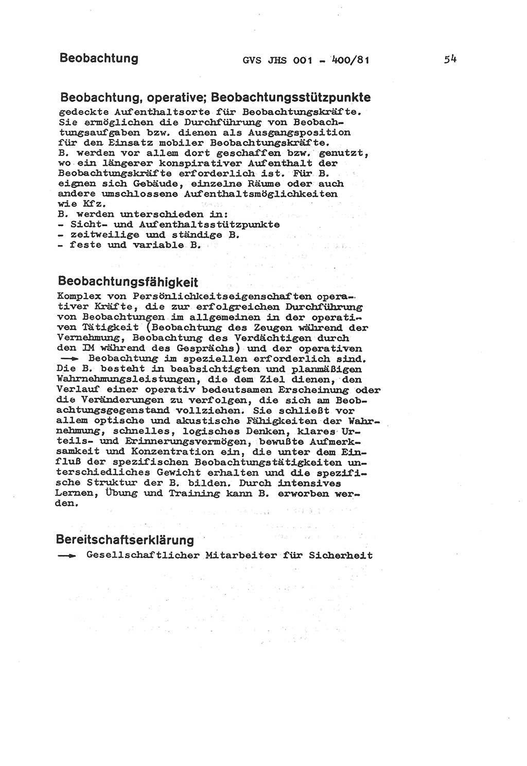 Wörterbuch der politisch-operativen Arbeit, Ministerium für Staatssicherheit (MfS) [Deutsche Demokratische Republik (DDR)], Juristische Hochschule (JHS), Geheime Verschlußsache (GVS) o001-400/81, Potsdam 1985, Blatt 54 (Wb. pol.-op. Arb. MfS DDR JHS GVS o001-400/81 1985, Bl. 54)