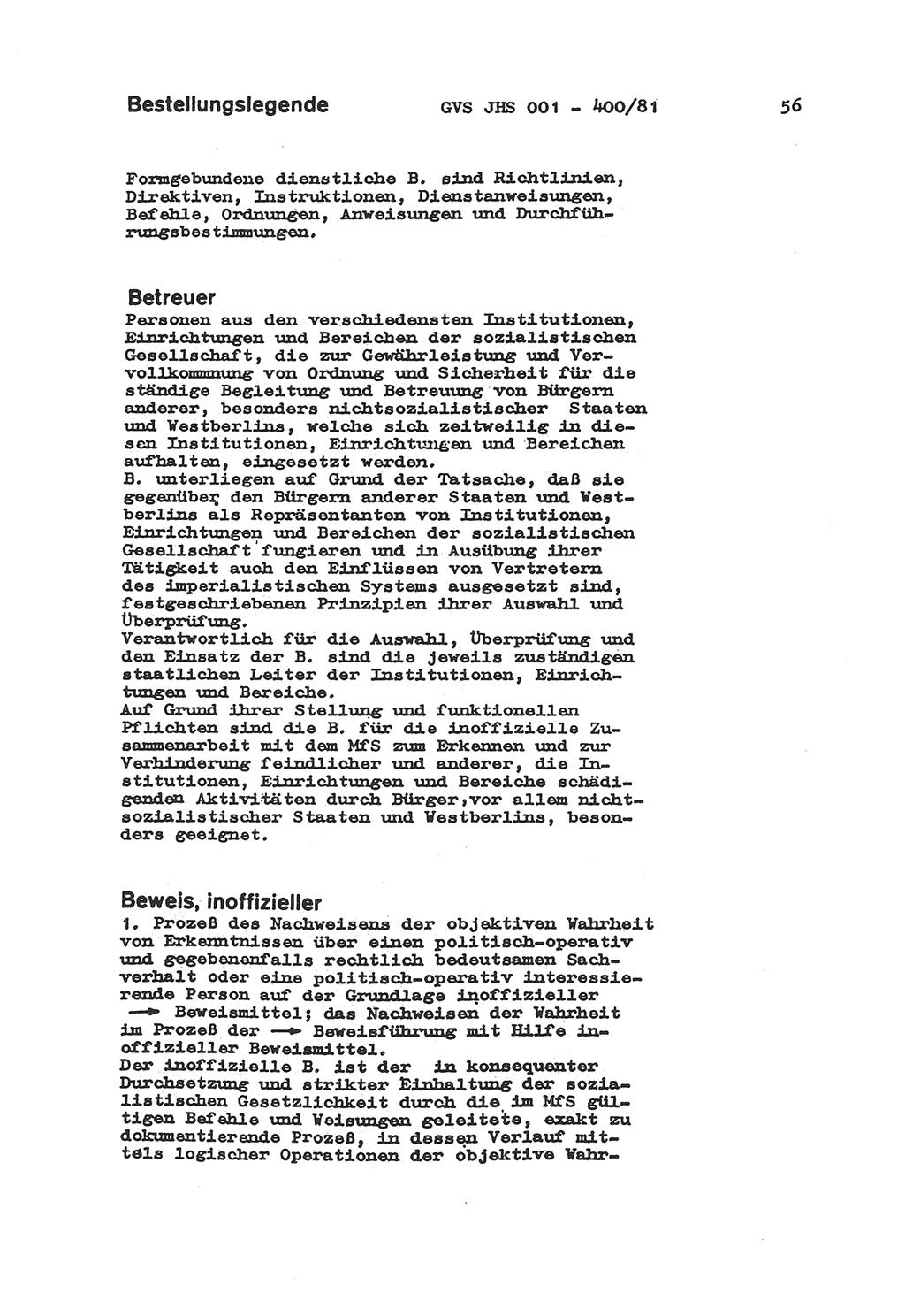 Wörterbuch der politisch-operativen Arbeit, Ministerium für Staatssicherheit (MfS) [Deutsche Demokratische Republik (DDR)], Juristische Hochschule (JHS), Geheime Verschlußsache (GVS) o001-400/81, Potsdam 1985, Blatt 56 (Wb. pol.-op. Arb. MfS DDR JHS GVS o001-400/81 1985, Bl. 56)