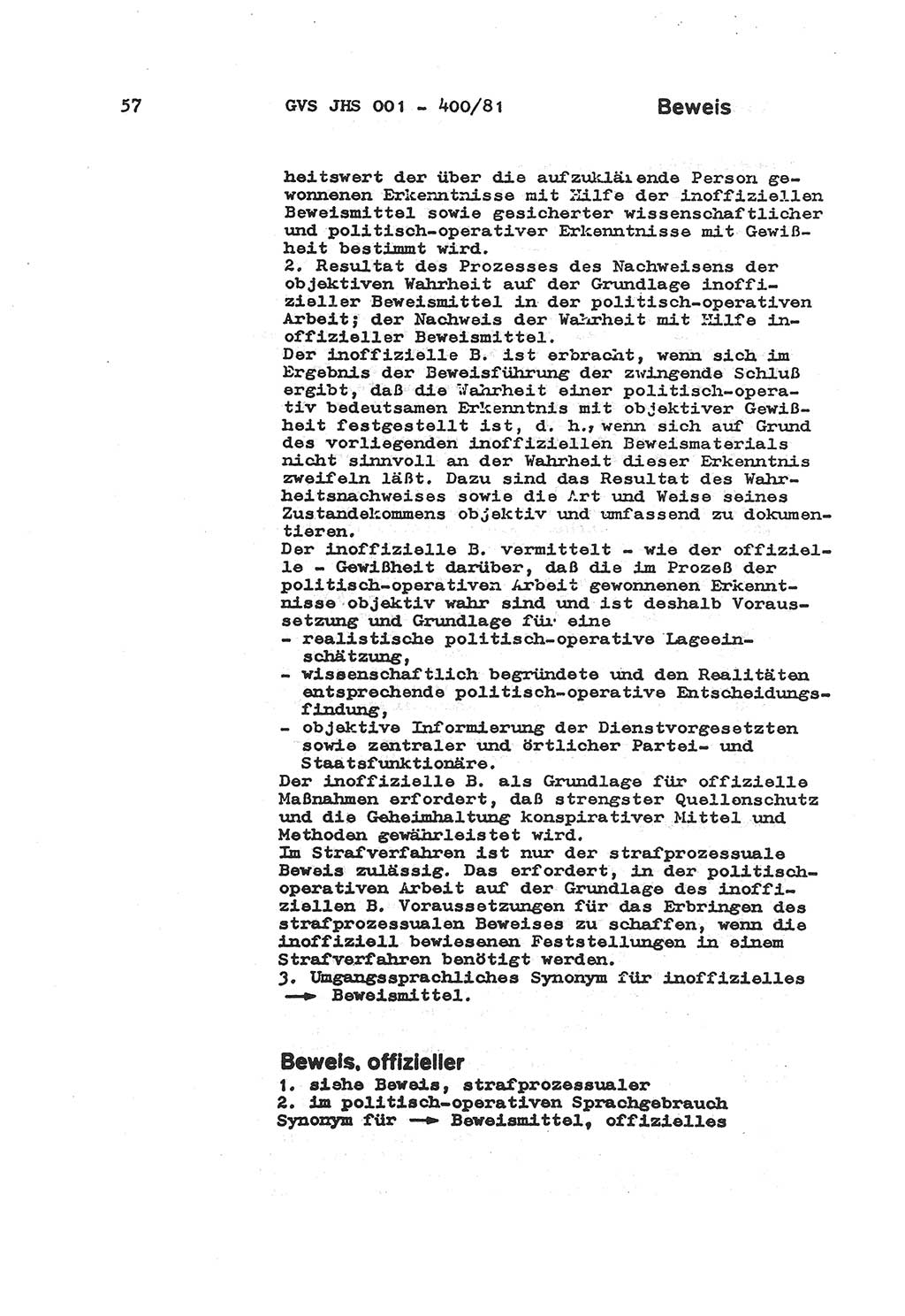 Wörterbuch der politisch-operativen Arbeit, Ministerium für Staatssicherheit (MfS) [Deutsche Demokratische Republik (DDR)], Juristische Hochschule (JHS), Geheime Verschlußsache (GVS) o001-400/81, Potsdam 1985, Blatt 57 (Wb. pol.-op. Arb. MfS DDR JHS GVS o001-400/81 1985, Bl. 57)