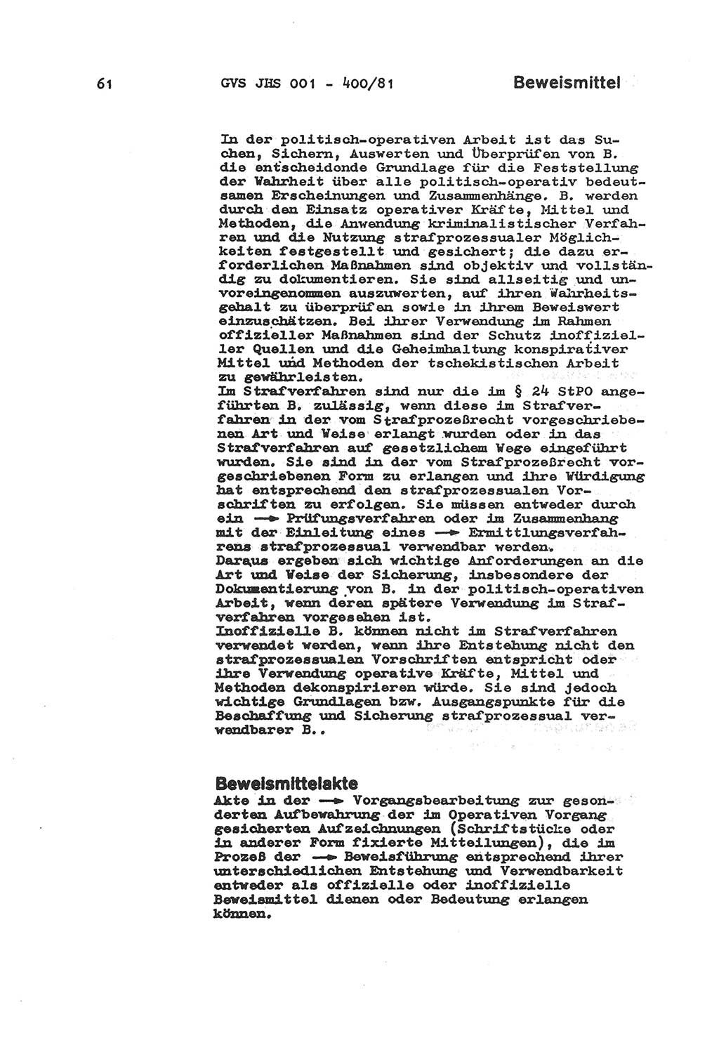 Wörterbuch der politisch-operativen Arbeit, Ministerium für Staatssicherheit (MfS) [Deutsche Demokratische Republik (DDR)], Juristische Hochschule (JHS), Geheime Verschlußsache (GVS) o001-400/81, Potsdam 1985, Blatt 61 (Wb. pol.-op. Arb. MfS DDR JHS GVS o001-400/81 1985, Bl. 61)