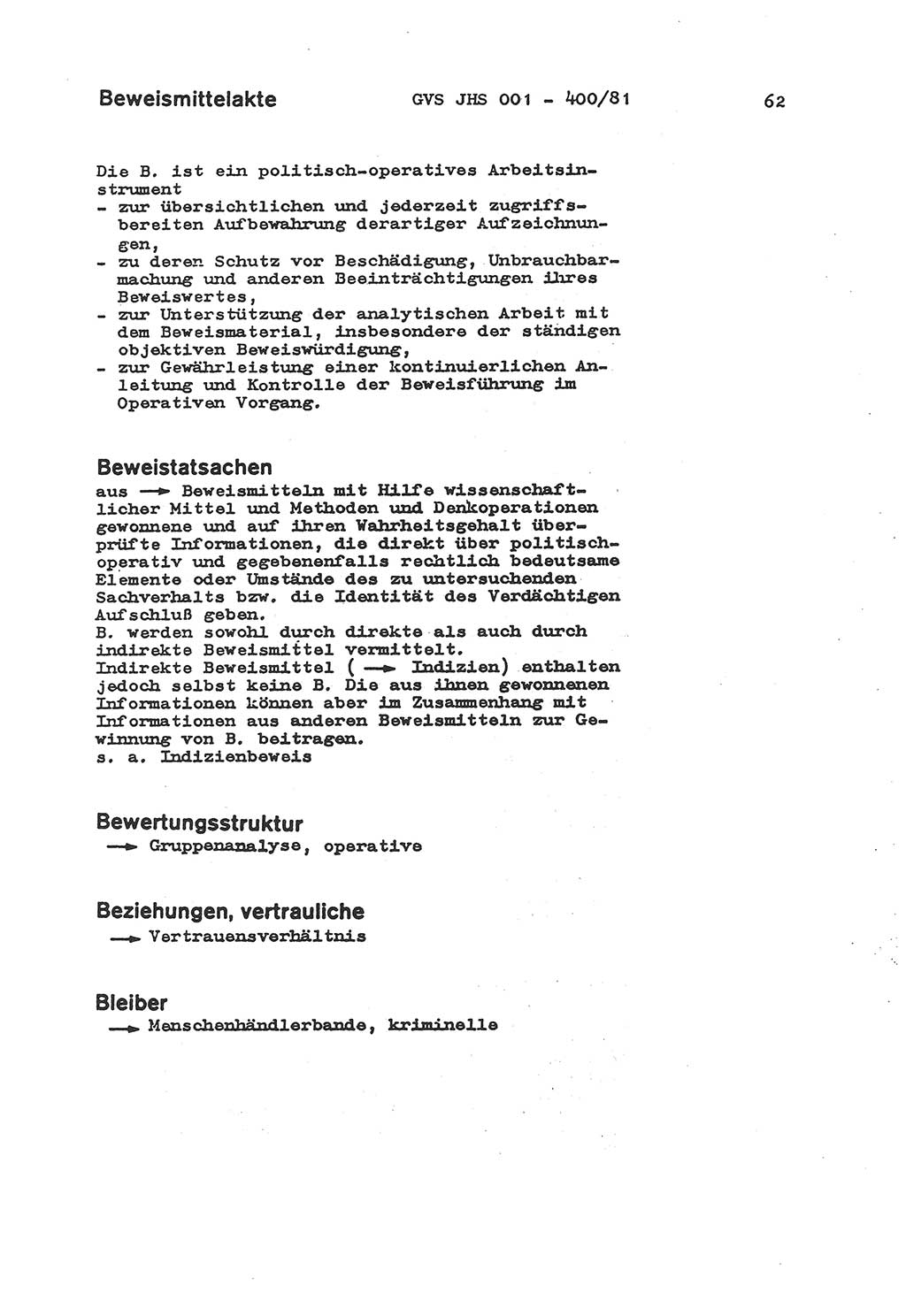 Wörterbuch der politisch-operativen Arbeit, Ministerium für Staatssicherheit (MfS) [Deutsche Demokratische Republik (DDR)], Juristische Hochschule (JHS), Geheime Verschlußsache (GVS) o001-400/81, Potsdam 1985, Blatt 62 (Wb. pol.-op. Arb. MfS DDR JHS GVS o001-400/81 1985, Bl. 62)