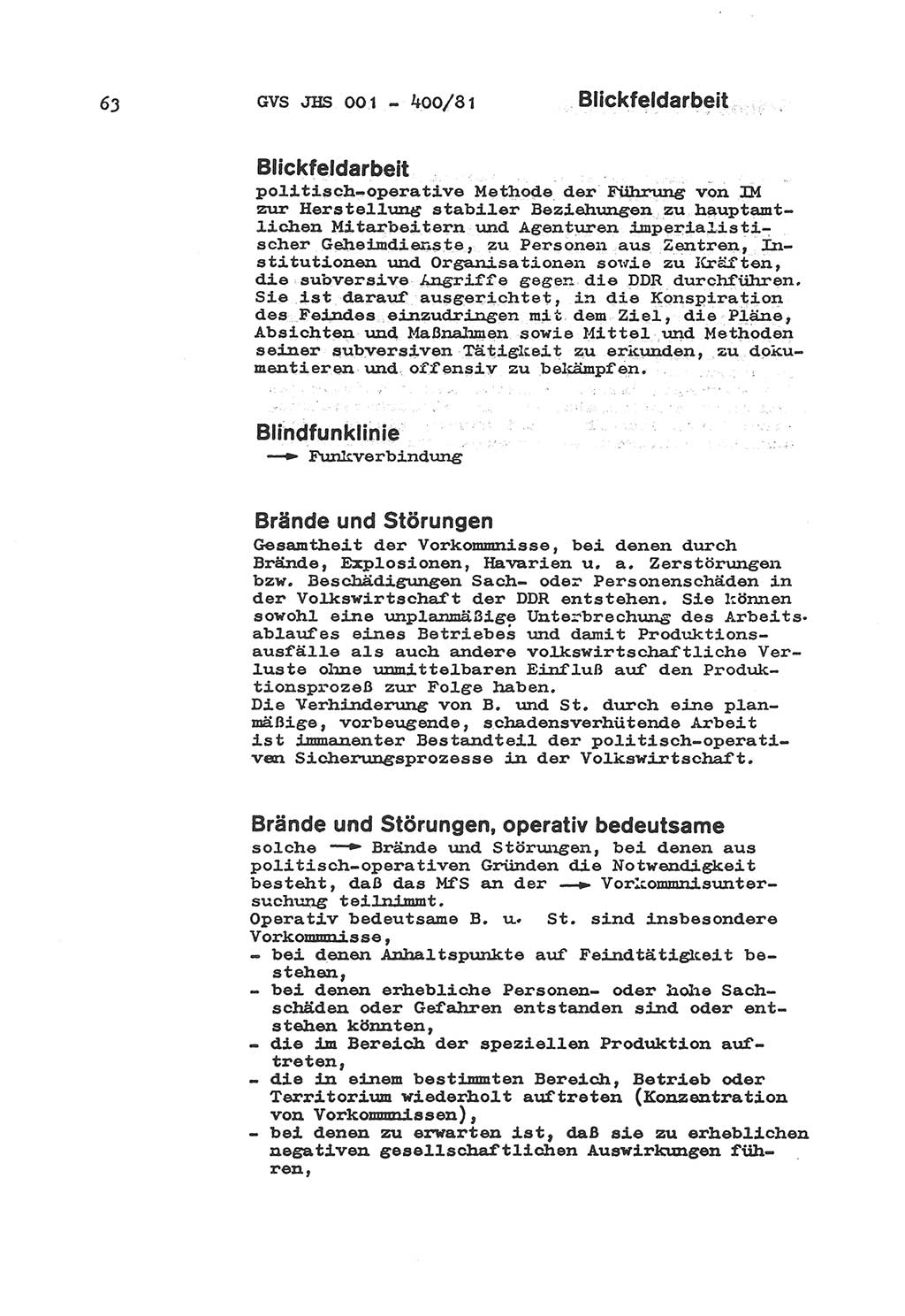 Wörterbuch der politisch-operativen Arbeit, Ministerium für Staatssicherheit (MfS) [Deutsche Demokratische Republik (DDR)], Juristische Hochschule (JHS), Geheime Verschlußsache (GVS) o001-400/81, Potsdam 1985, Blatt 63 (Wb. pol.-op. Arb. MfS DDR JHS GVS o001-400/81 1985, Bl. 63)