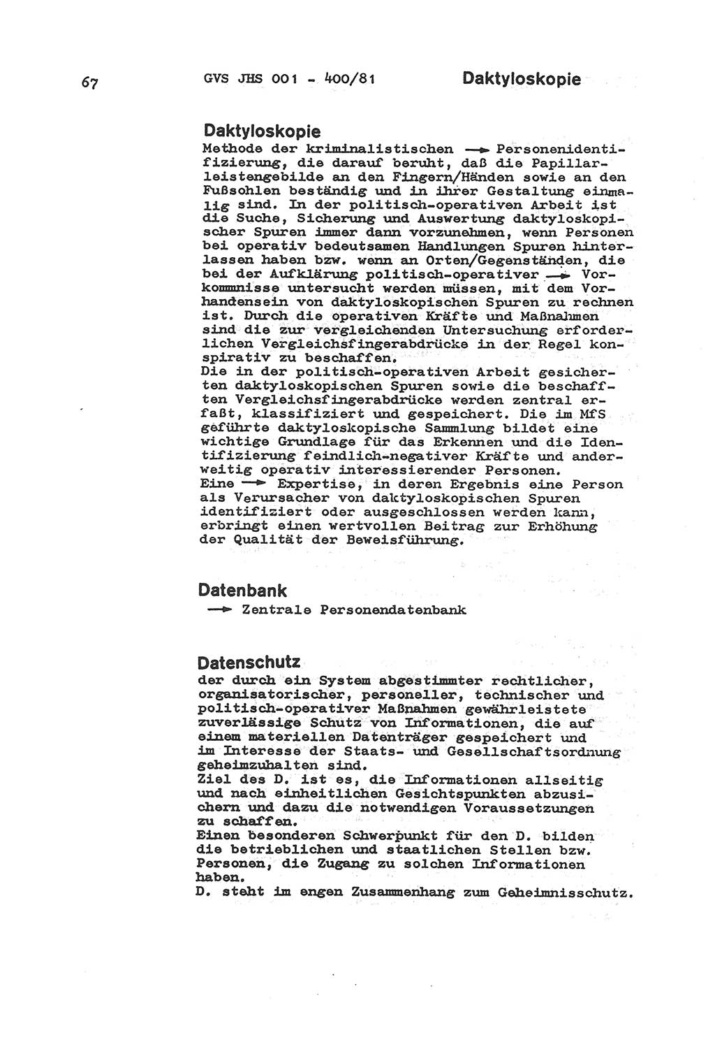 Wörterbuch der politisch-operativen Arbeit, Ministerium für Staatssicherheit (MfS) [Deutsche Demokratische Republik (DDR)], Juristische Hochschule (JHS), Geheime Verschlußsache (GVS) o001-400/81, Potsdam 1985, Blatt 67 (Wb. pol.-op. Arb. MfS DDR JHS GVS o001-400/81 1985, Bl. 67)