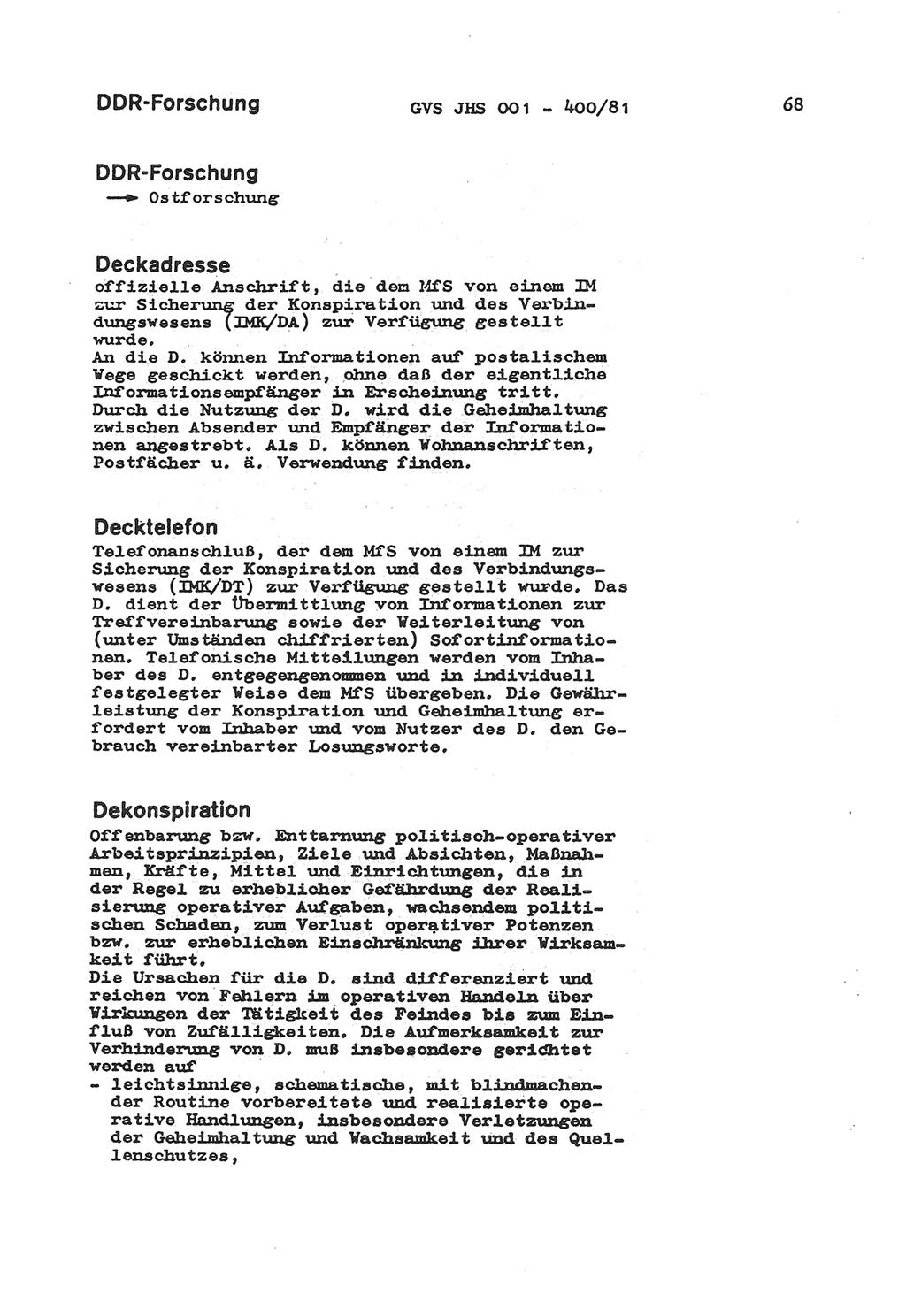 Wörterbuch der politisch-operativen Arbeit, Ministerium für Staatssicherheit (MfS) [Deutsche Demokratische Republik (DDR)], Juristische Hochschule (JHS), Geheime Verschlußsache (GVS) o001-400/81, Potsdam 1985, Blatt 68 (Wb. pol.-op. Arb. MfS DDR JHS GVS o001-400/81 1985, Bl. 68)