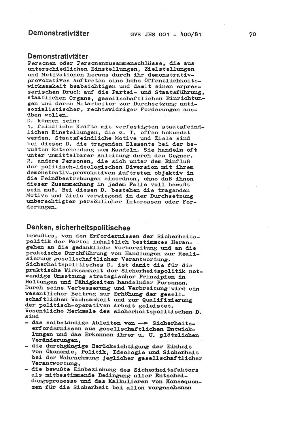 Wörterbuch der politisch-operativen Arbeit, Ministerium für Staatssicherheit (MfS) [Deutsche Demokratische Republik (DDR)], Juristische Hochschule (JHS), Geheime Verschlußsache (GVS) o001-400/81, Potsdam 1985, Blatt 70 (Wb. pol.-op. Arb. MfS DDR JHS GVS o001-400/81 1985, Bl. 70)
