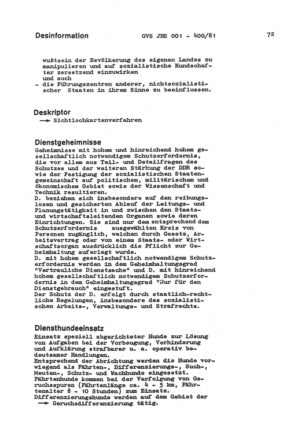 Wörterbuch der politisch-operativen Arbeit, Ministerium für Staatssicherheit (MfS) [Deutsche Demokratische Republik (DDR)], Juristische Hochschule (JHS), Geheime Verschlußsache (GVS) o001-400/81, Potsdam 1985, Blatt 72 (Wb. pol.-op. Arb. MfS DDR JHS GVS o001-400/81 1985, Bl. 72)