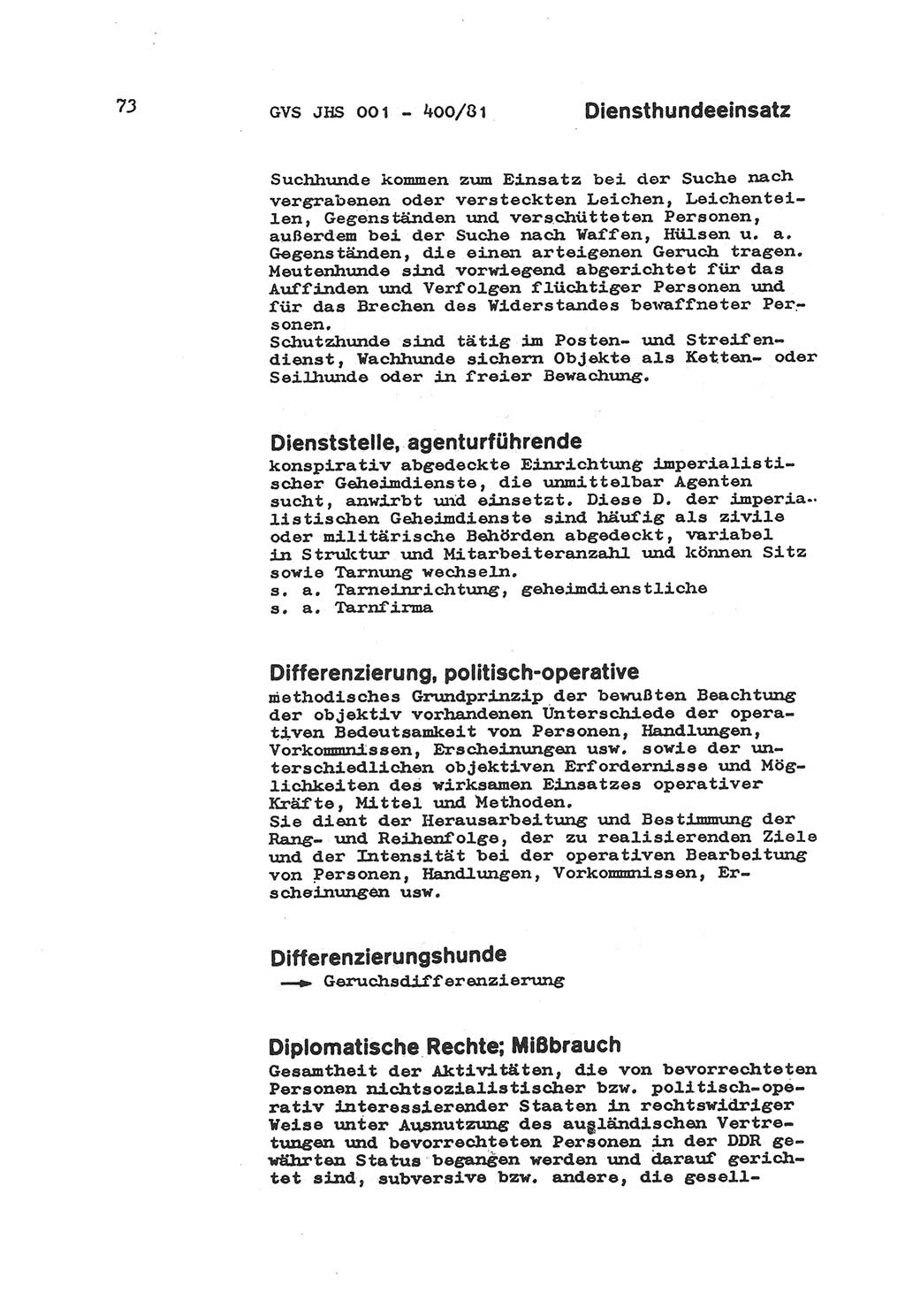 Wörterbuch der politisch-operativen Arbeit, Ministerium für Staatssicherheit (MfS) [Deutsche Demokratische Republik (DDR)], Juristische Hochschule (JHS), Geheime Verschlußsache (GVS) o001-400/81, Potsdam 1985, Blatt 73 (Wb. pol.-op. Arb. MfS DDR JHS GVS o001-400/81 1985, Bl. 73)