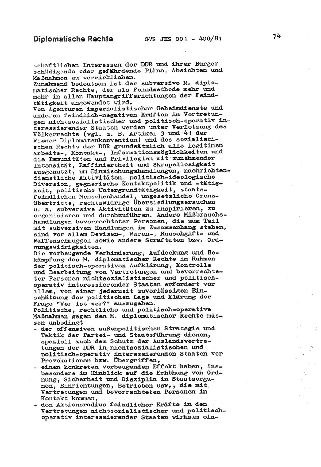 Wörterbuch der politisch-operativen Arbeit, Ministerium für Staatssicherheit (MfS) [Deutsche Demokratische Republik (DDR)], Juristische Hochschule (JHS), Geheime Verschlußsache (GVS) o001-400/81, Potsdam 1985, Blatt 74 (Wb. pol.-op. Arb. MfS DDR JHS GVS o001-400/81 1985, Bl. 74)