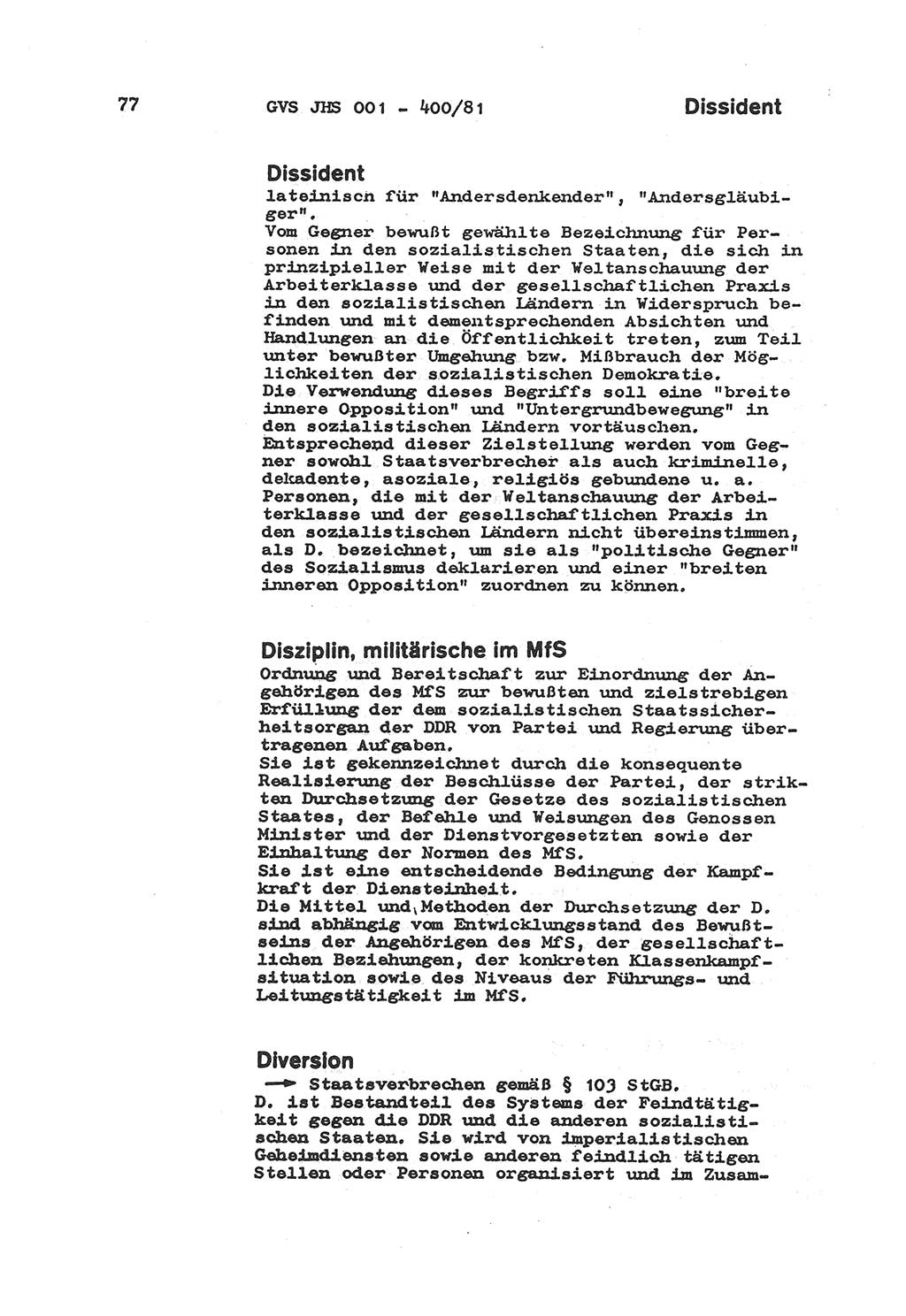 Wörterbuch der politisch-operativen Arbeit, Ministerium für Staatssicherheit (MfS) [Deutsche Demokratische Republik (DDR)], Juristische Hochschule (JHS), Geheime Verschlußsache (GVS) o001-400/81, Potsdam 1985, Blatt 77 (Wb. pol.-op. Arb. MfS DDR JHS GVS o001-400/81 1985, Bl. 77)