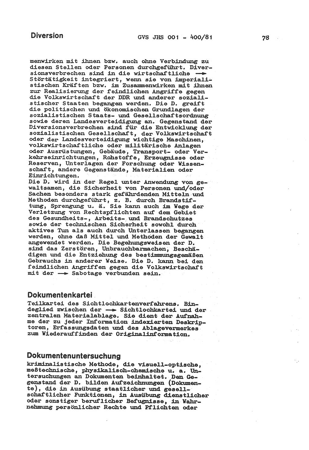 Wörterbuch der politisch-operativen Arbeit, Ministerium für Staatssicherheit (MfS) [Deutsche Demokratische Republik (DDR)], Juristische Hochschule (JHS), Geheime Verschlußsache (GVS) o001-400/81, Potsdam 1985, Blatt 78 (Wb. pol.-op. Arb. MfS DDR JHS GVS o001-400/81 1985, Bl. 78)