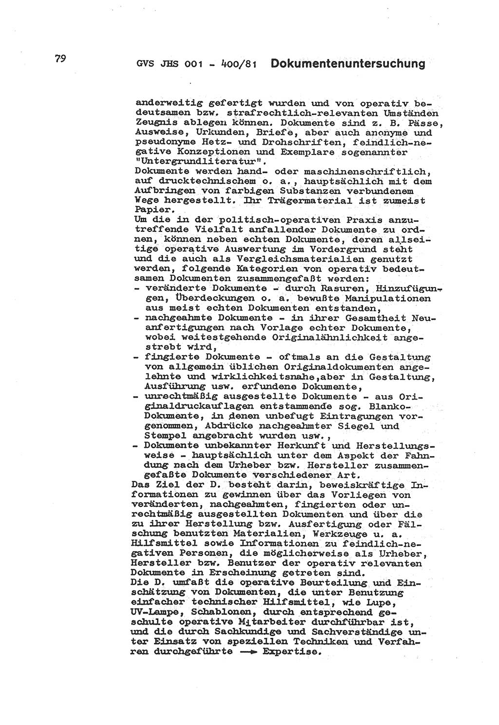 Wörterbuch der politisch-operativen Arbeit, Ministerium für Staatssicherheit (MfS) [Deutsche Demokratische Republik (DDR)], Juristische Hochschule (JHS), Geheime Verschlußsache (GVS) o001-400/81, Potsdam 1985, Blatt 79 (Wb. pol.-op. Arb. MfS DDR JHS GVS o001-400/81 1985, Bl. 79)