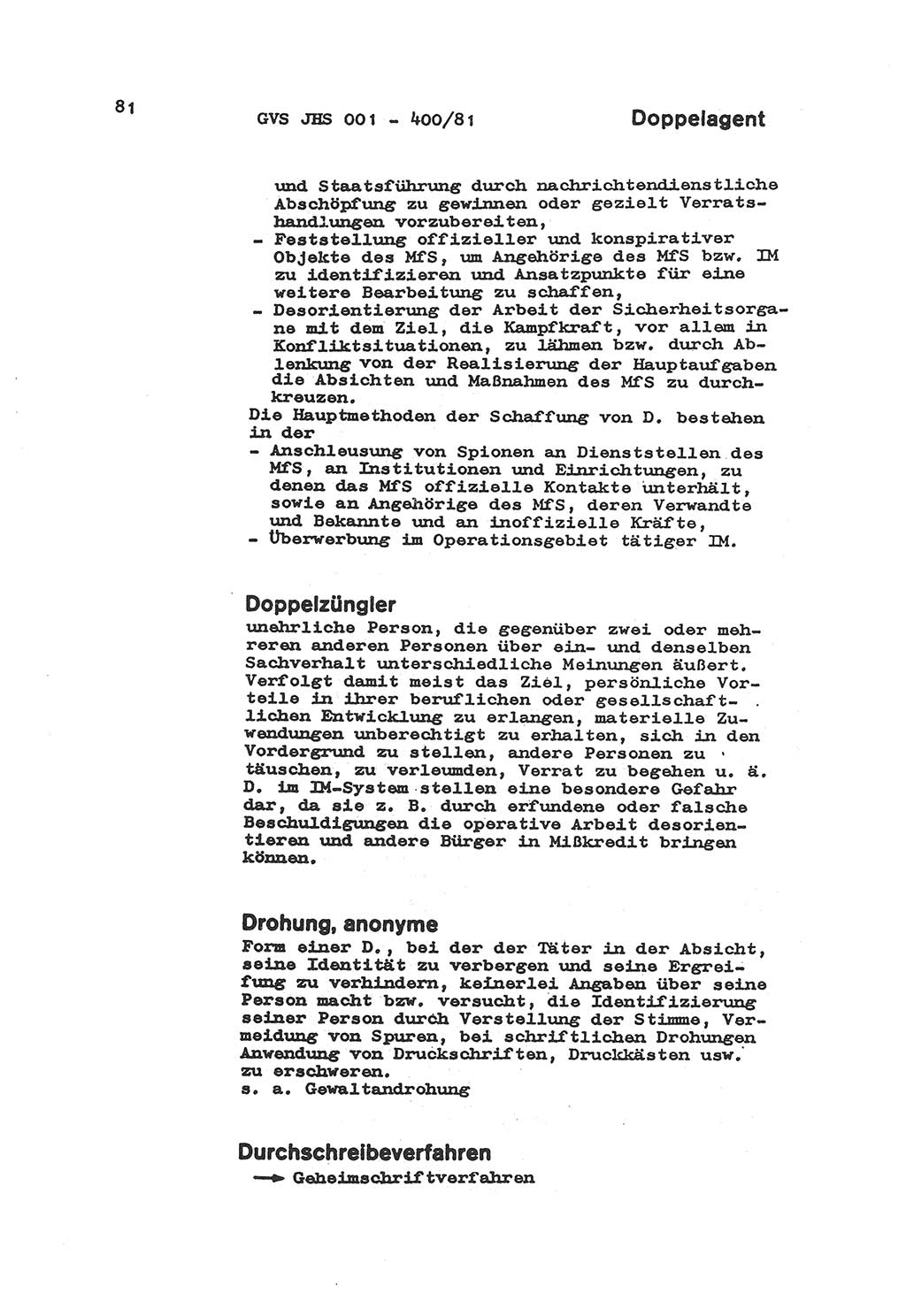 Wörterbuch der politisch-operativen Arbeit, Ministerium für Staatssicherheit (MfS) [Deutsche Demokratische Republik (DDR)], Juristische Hochschule (JHS), Geheime Verschlußsache (GVS) o001-400/81, Potsdam 1985, Blatt 81 (Wb. pol.-op. Arb. MfS DDR JHS GVS o001-400/81 1985, Bl. 81)