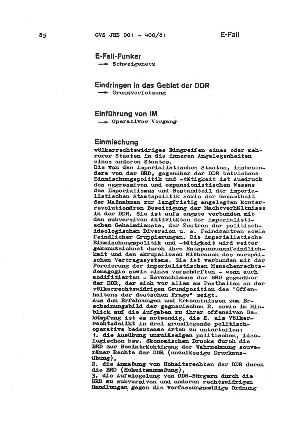 Wörterbuch der politisch-operativen Arbeit, Ministerium für Staatssicherheit (MfS) [Deutsche Demokratische Republik (DDR)], Juristische Hochschule (JHS), Geheime Verschlußsache (GVS) o001-400/81, Potsdam 1985, Blatt 85 (Wb. pol.-op. Arb. MfS DDR JHS GVS o001-400/81 1985, Bl. 85)