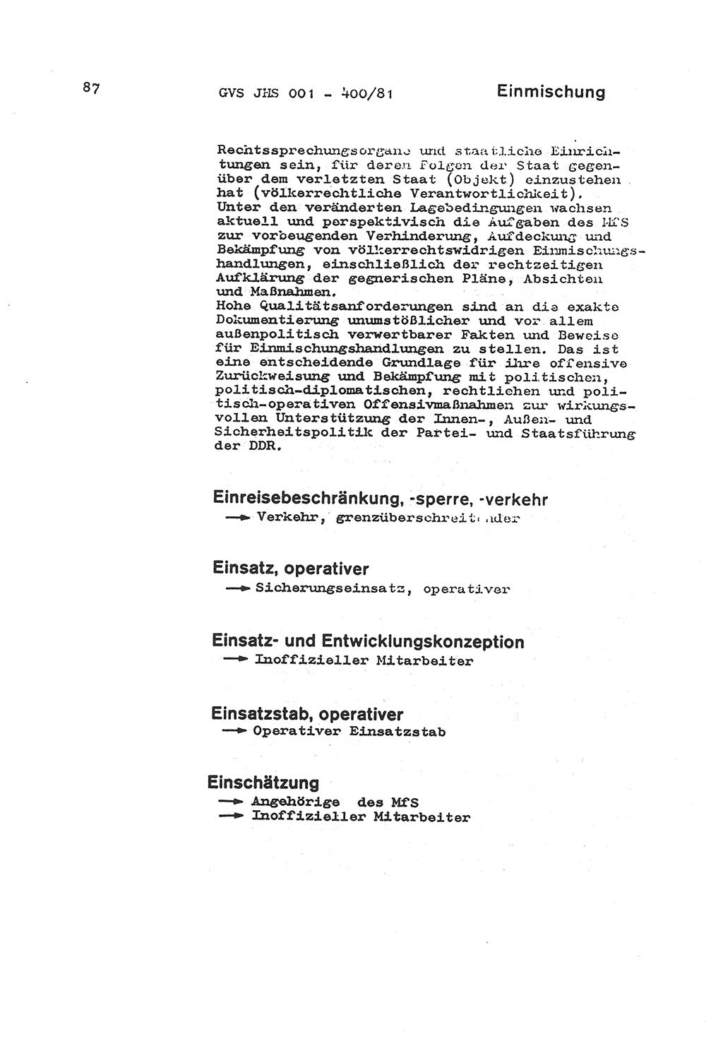 Wörterbuch der politisch-operativen Arbeit, Ministerium für Staatssicherheit (MfS) [Deutsche Demokratische Republik (DDR)], Juristische Hochschule (JHS), Geheime Verschlußsache (GVS) o001-400/81, Potsdam 1985, Blatt 87 (Wb. pol.-op. Arb. MfS DDR JHS GVS o001-400/81 1985, Bl. 87)