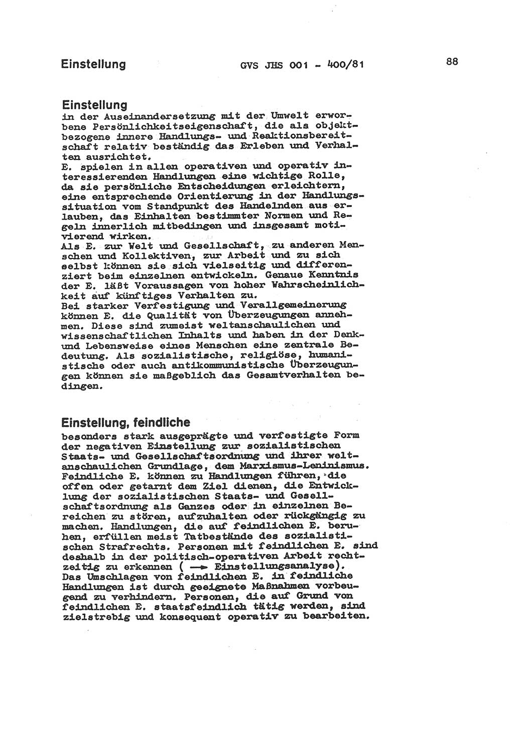 Wörterbuch der politisch-operativen Arbeit, Ministerium für Staatssicherheit (MfS) [Deutsche Demokratische Republik (DDR)], Juristische Hochschule (JHS), Geheime Verschlußsache (GVS) o001-400/81, Potsdam 1985, Blatt 88 (Wb. pol.-op. Arb. MfS DDR JHS GVS o001-400/81 1985, Bl. 88)