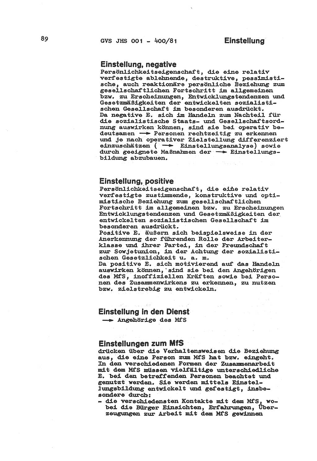 Wörterbuch der politisch-operativen Arbeit, Ministerium für Staatssicherheit (MfS) [Deutsche Demokratische Republik (DDR)], Juristische Hochschule (JHS), Geheime Verschlußsache (GVS) o001-400/81, Potsdam 1985, Blatt 89 (Wb. pol.-op. Arb. MfS DDR JHS GVS o001-400/81 1985, Bl. 89)