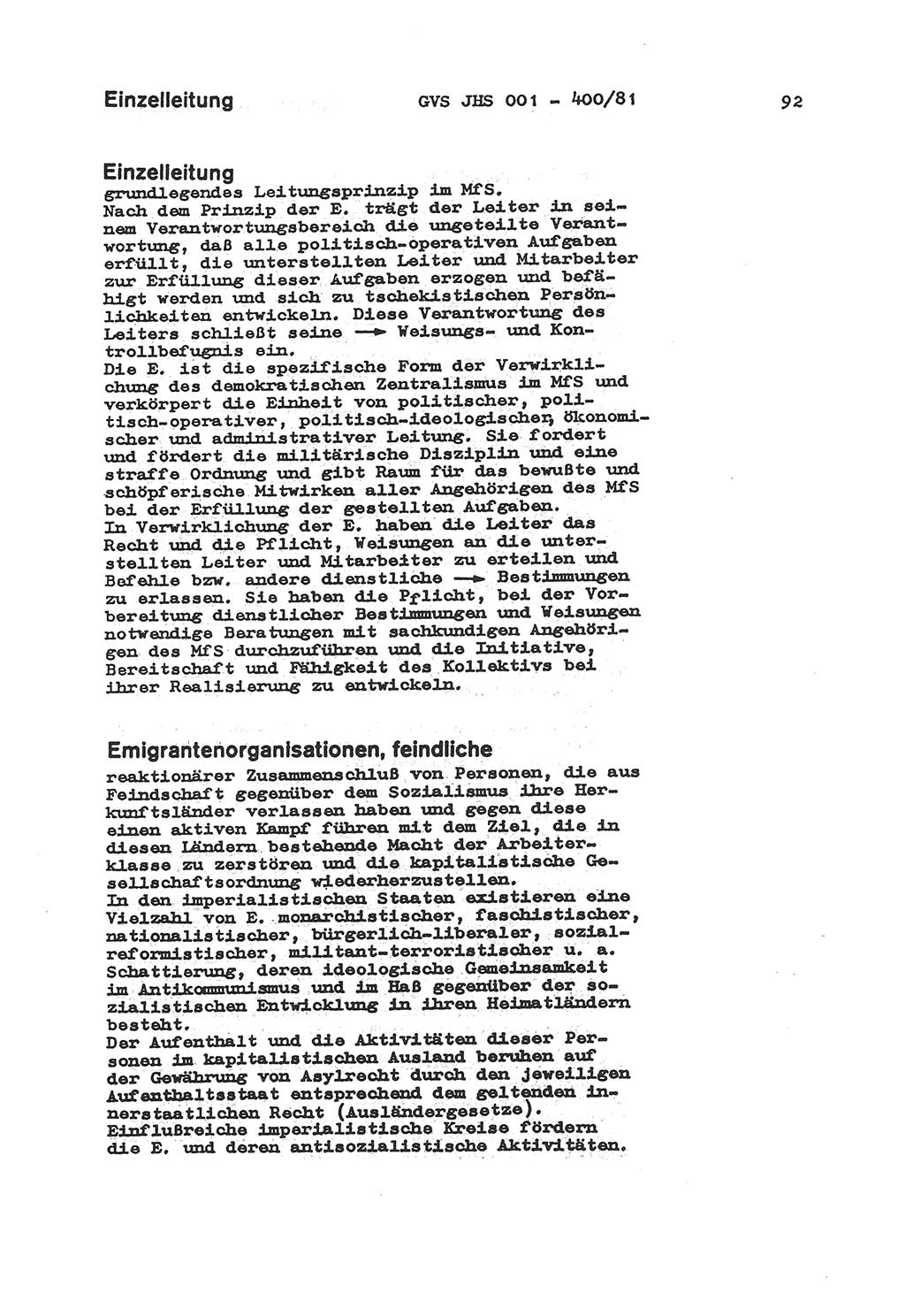 Wörterbuch der politisch-operativen Arbeit, Ministerium für Staatssicherheit (MfS) [Deutsche Demokratische Republik (DDR)], Juristische Hochschule (JHS), Geheime Verschlußsache (GVS) o001-400/81, Potsdam 1985, Blatt 92 (Wb. pol.-op. Arb. MfS DDR JHS GVS o001-400/81 1985, Bl. 92)