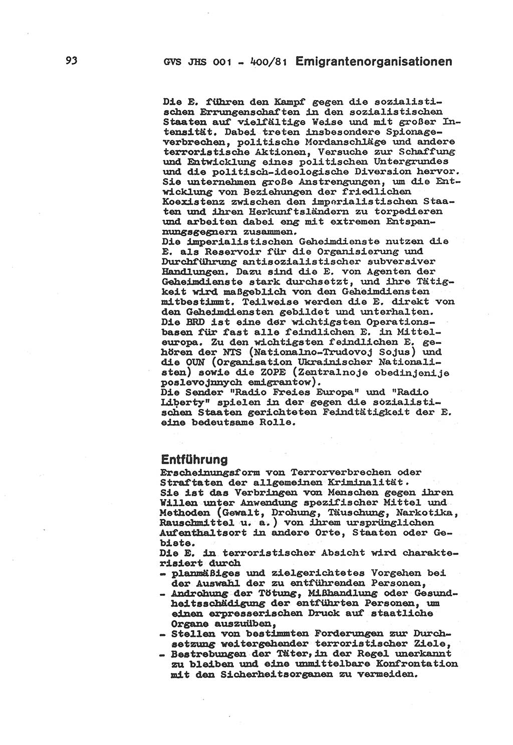 Wörterbuch der politisch-operativen Arbeit, Ministerium für Staatssicherheit (MfS) [Deutsche Demokratische Republik (DDR)], Juristische Hochschule (JHS), Geheime Verschlußsache (GVS) o001-400/81, Potsdam 1985, Blatt 93 (Wb. pol.-op. Arb. MfS DDR JHS GVS o001-400/81 1985, Bl. 93)