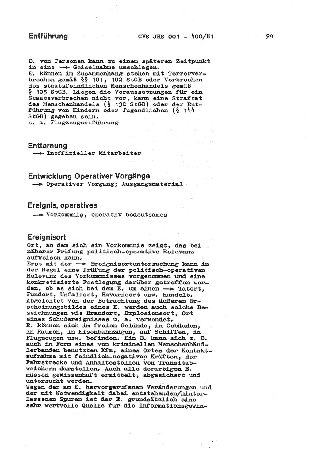 Wörterbuch der politisch-operativen Arbeit, Ministerium für Staatssicherheit (MfS) [Deutsche Demokratische Republik (DDR)], Juristische Hochschule (JHS), Geheime Verschlußsache (GVS) o001-400/81, Potsdam 1985, Blatt 94 (Wb. pol.-op. Arb. MfS DDR JHS GVS o001-400/81 1985, Bl. 94)