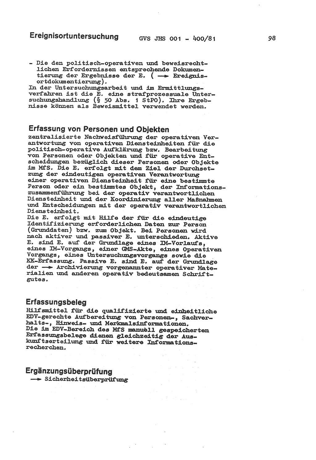 Wörterbuch der politisch-operativen Arbeit, Ministerium für Staatssicherheit (MfS) [Deutsche Demokratische Republik (DDR)], Juristische Hochschule (JHS), Geheime Verschlußsache (GVS) o001-400/81, Potsdam 1985, Blatt 98 (Wb. pol.-op. Arb. MfS DDR JHS GVS o001-400/81 1985, Bl. 98)