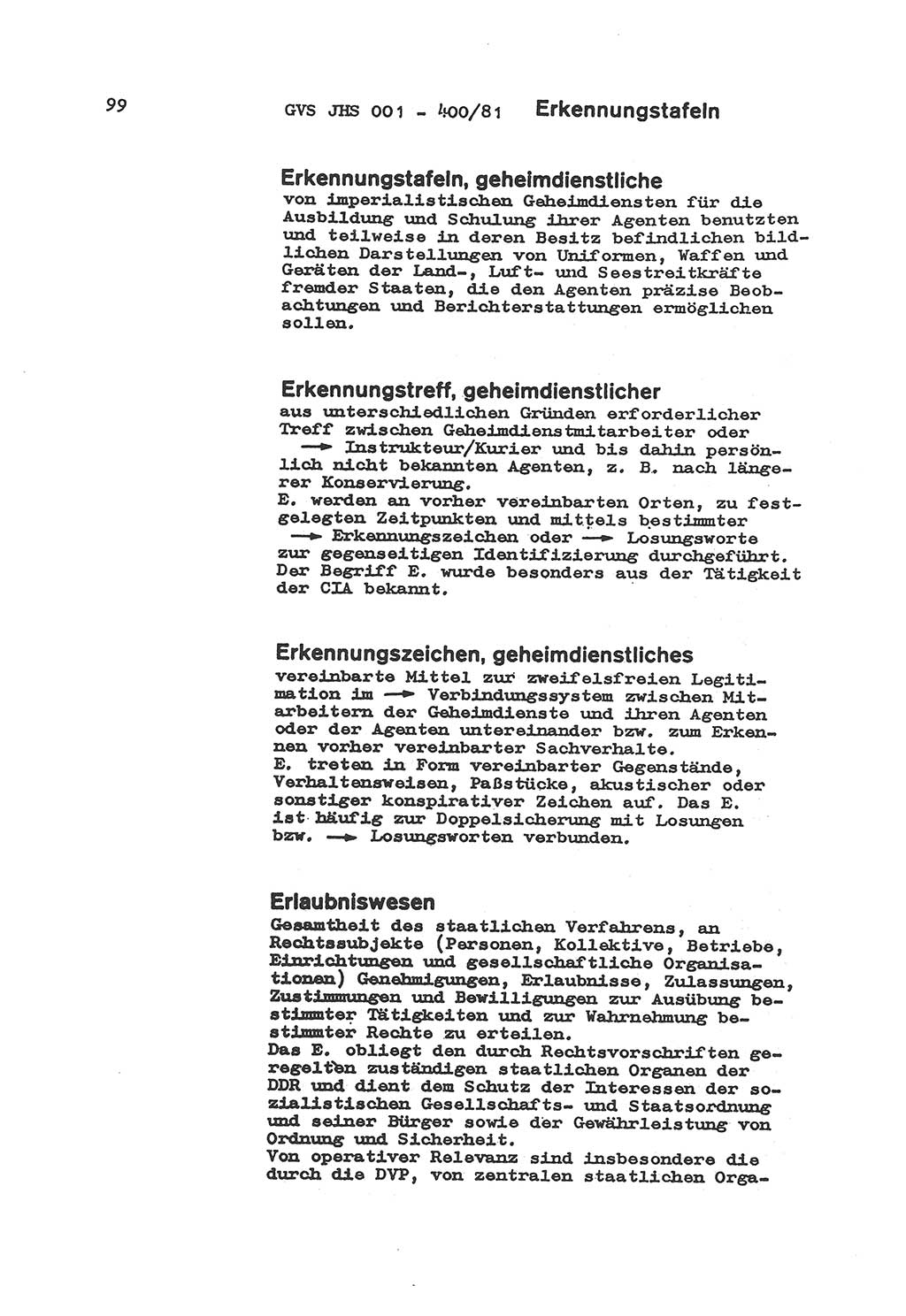 Wörterbuch der politisch-operativen Arbeit, Ministerium für Staatssicherheit (MfS) [Deutsche Demokratische Republik (DDR)], Juristische Hochschule (JHS), Geheime Verschlußsache (GVS) o001-400/81, Potsdam 1985, Blatt 99 (Wb. pol.-op. Arb. MfS DDR JHS GVS o001-400/81 1985, Bl. 99)