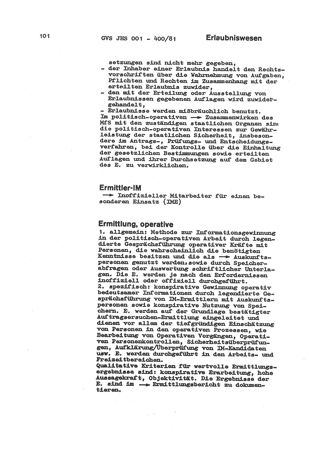 Wörterbuch der politisch-operativen Arbeit, Ministerium für Staatssicherheit (MfS) [Deutsche Demokratische Republik (DDR)], Juristische Hochschule (JHS), Geheime Verschlußsache (GVS) o001-400/81, Potsdam 1985, Blatt 101 (Wb. pol.-op. Arb. MfS DDR JHS GVS o001-400/81 1985, Bl. 101)