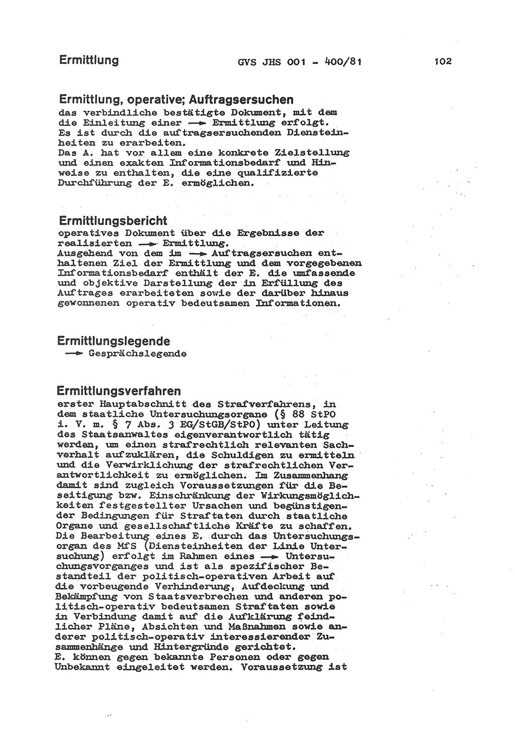 Wörterbuch der politisch-operativen Arbeit, Ministerium für Staatssicherheit (MfS) [Deutsche Demokratische Republik (DDR)], Juristische Hochschule (JHS), Geheime Verschlußsache (GVS) o001-400/81, Potsdam 1985, Blatt 102 (Wb. pol.-op. Arb. MfS DDR JHS GVS o001-400/81 1985, Bl. 102)