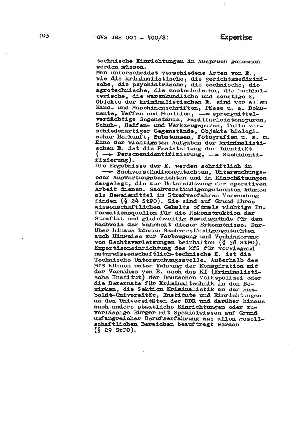 Wörterbuch der politisch-operativen Arbeit, Ministerium für Staatssicherheit (MfS) [Deutsche Demokratische Republik (DDR)], Juristische Hochschule (JHS), Geheime Verschlußsache (GVS) o001-400/81, Potsdam 1985, Blatt 105 (Wb. pol.-op. Arb. MfS DDR JHS GVS o001-400/81 1985, Bl. 105)