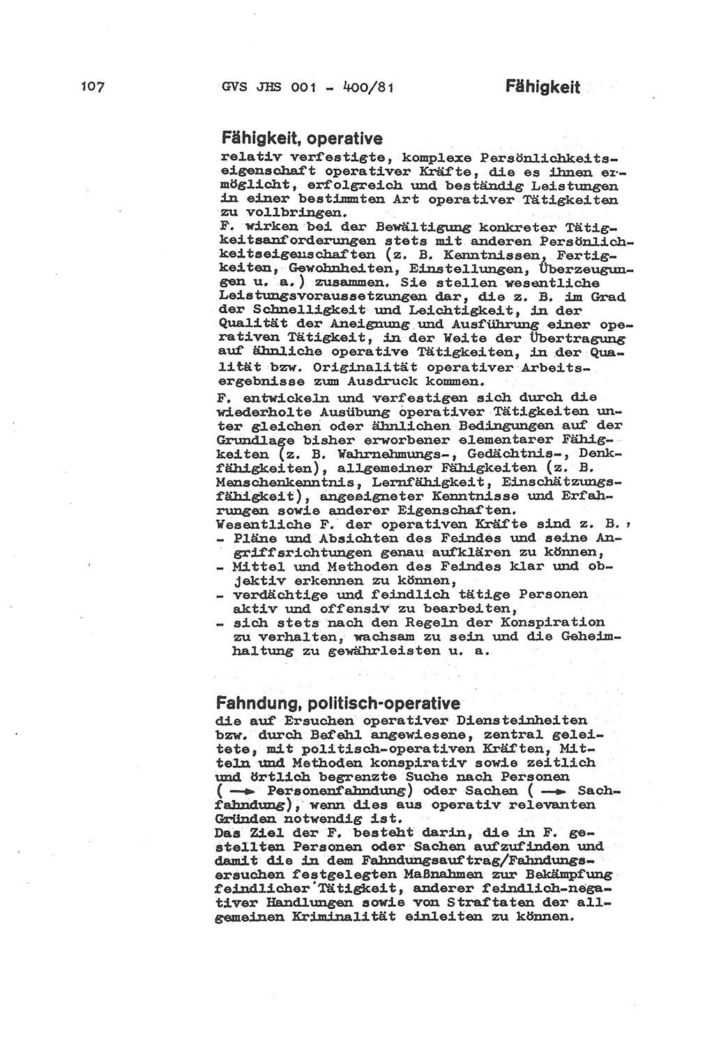 Wörterbuch der politisch-operativen Arbeit, Ministerium für Staatssicherheit (MfS) [Deutsche Demokratische Republik (DDR)], Juristische Hochschule (JHS), Geheime Verschlußsache (GVS) o001-400/81, Potsdam 1985, Blatt 107 (Wb. pol.-op. Arb. MfS DDR JHS GVS o001-400/81 1985, Bl. 107)