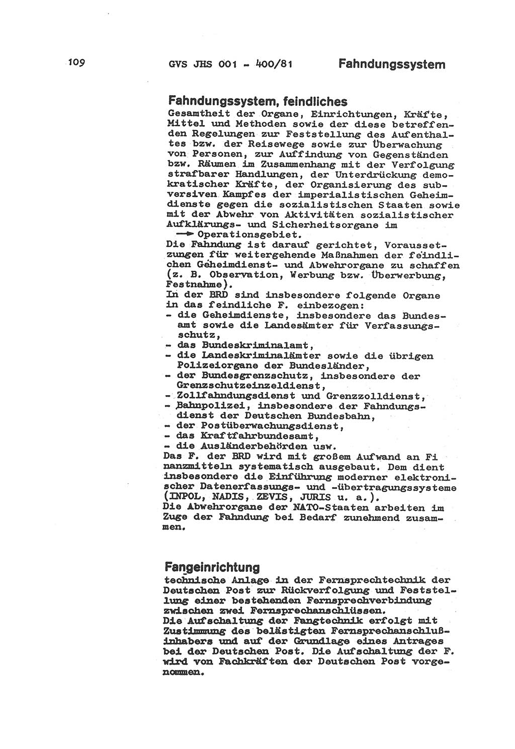Wörterbuch der politisch-operativen Arbeit, Ministerium für Staatssicherheit (MfS) [Deutsche Demokratische Republik (DDR)], Juristische Hochschule (JHS), Geheime Verschlußsache (GVS) o001-400/81, Potsdam 1985, Blatt 109 (Wb. pol.-op. Arb. MfS DDR JHS GVS o001-400/81 1985, Bl. 109)