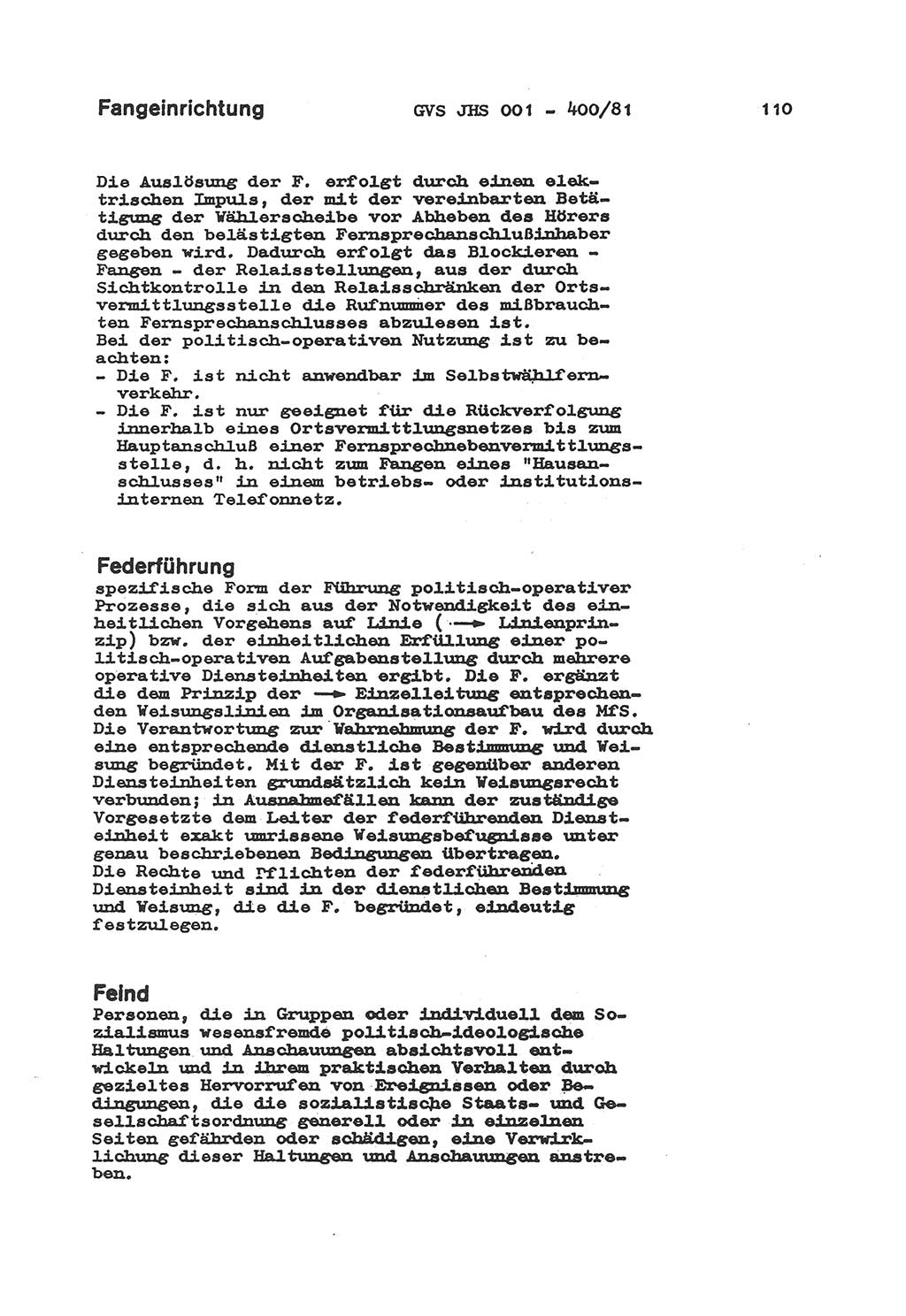 Wörterbuch der politisch-operativen Arbeit, Ministerium für Staatssicherheit (MfS) [Deutsche Demokratische Republik (DDR)], Juristische Hochschule (JHS), Geheime Verschlußsache (GVS) o001-400/81, Potsdam 1985, Blatt 110 (Wb. pol.-op. Arb. MfS DDR JHS GVS o001-400/81 1985, Bl. 110)
