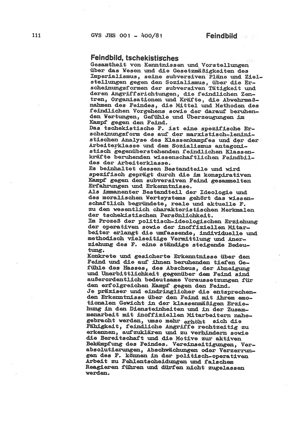 Wörterbuch der politisch-operativen Arbeit, Ministerium für Staatssicherheit (MfS) [Deutsche Demokratische Republik (DDR)], Juristische Hochschule (JHS), Geheime Verschlußsache (GVS) o001-400/81, Potsdam 1985, Blatt 111 (Wb. pol.-op. Arb. MfS DDR JHS GVS o001-400/81 1985, Bl. 111)