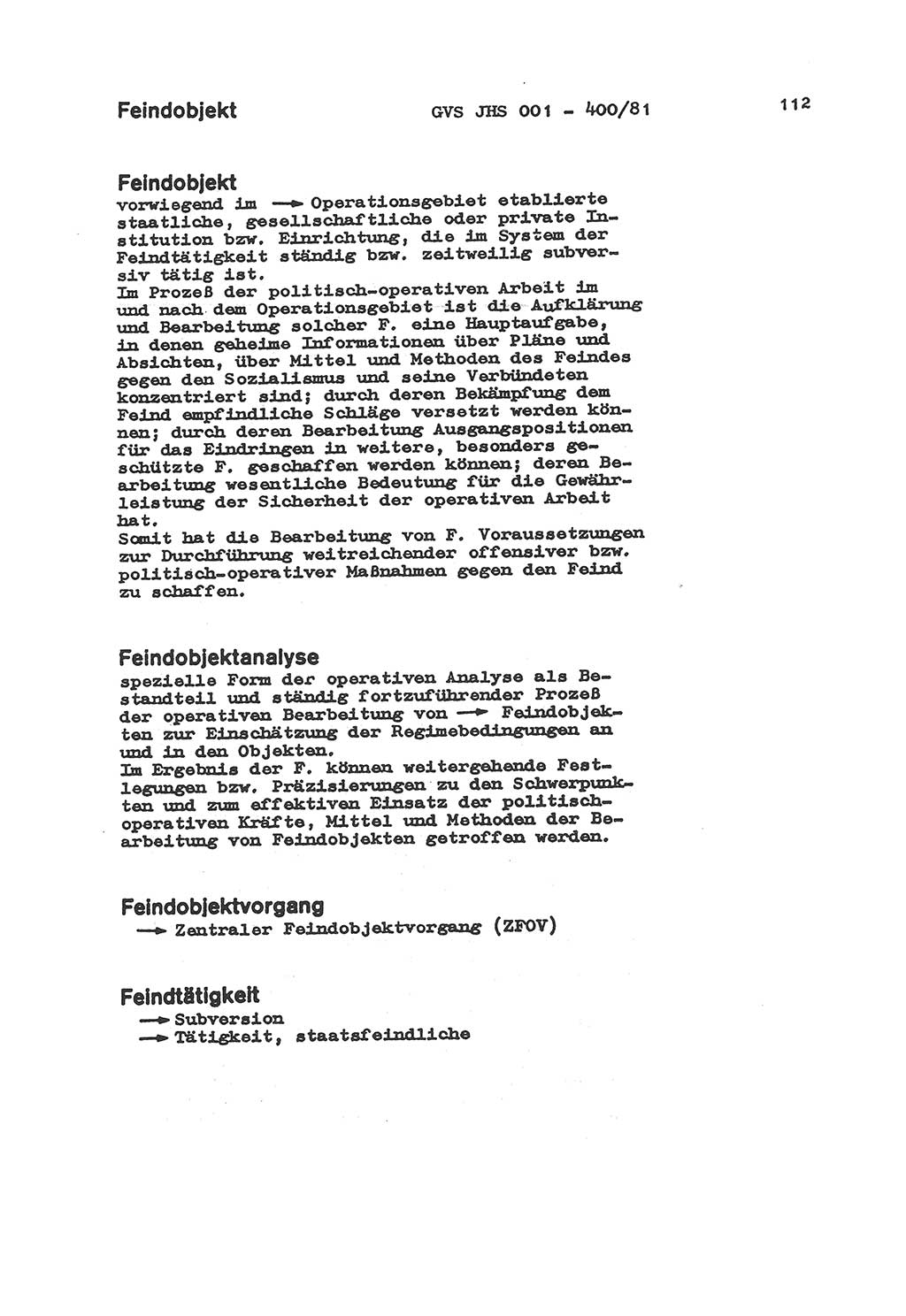 Wörterbuch der politisch-operativen Arbeit, Ministerium für Staatssicherheit (MfS) [Deutsche Demokratische Republik (DDR)], Juristische Hochschule (JHS), Geheime Verschlußsache (GVS) o001-400/81, Potsdam 1985, Blatt 112 (Wb. pol.-op. Arb. MfS DDR JHS GVS o001-400/81 1985, Bl. 112)