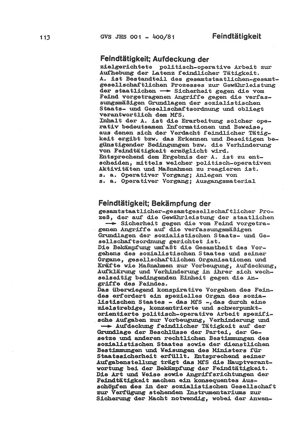 Wörterbuch der politisch-operativen Arbeit, Ministerium für Staatssicherheit (MfS) [Deutsche Demokratische Republik (DDR)], Juristische Hochschule (JHS), Geheime Verschlußsache (GVS) o001-400/81, Potsdam 1985, Blatt 113 (Wb. pol.-op. Arb. MfS DDR JHS GVS o001-400/81 1985, Bl. 113)