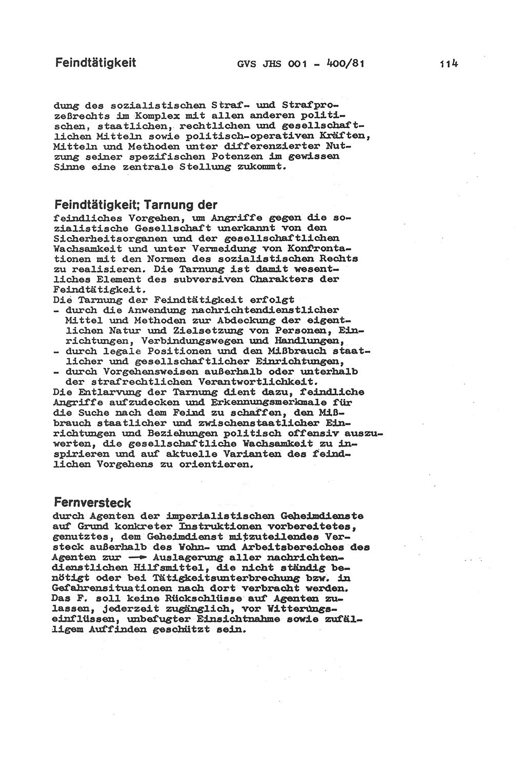 Wörterbuch der politisch-operativen Arbeit, Ministerium für Staatssicherheit (MfS) [Deutsche Demokratische Republik (DDR)], Juristische Hochschule (JHS), Geheime Verschlußsache (GVS) o001-400/81, Potsdam 1985, Blatt 114 (Wb. pol.-op. Arb. MfS DDR JHS GVS o001-400/81 1985, Bl. 114)