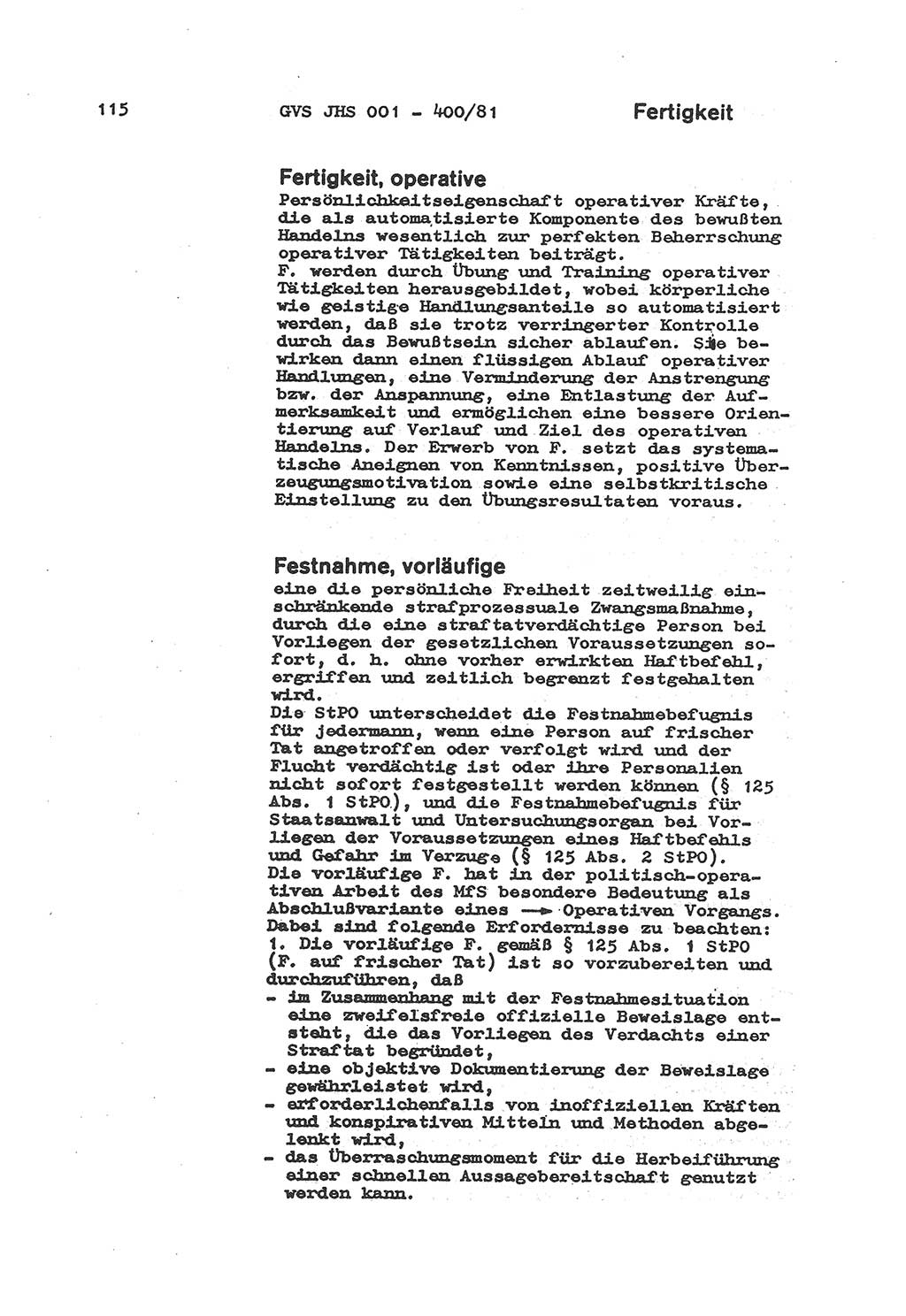 Wörterbuch der politisch-operativen Arbeit, Ministerium für Staatssicherheit (MfS) [Deutsche Demokratische Republik (DDR)], Juristische Hochschule (JHS), Geheime Verschlußsache (GVS) o001-400/81, Potsdam 1985, Blatt 115 (Wb. pol.-op. Arb. MfS DDR JHS GVS o001-400/81 1985, Bl. 115)