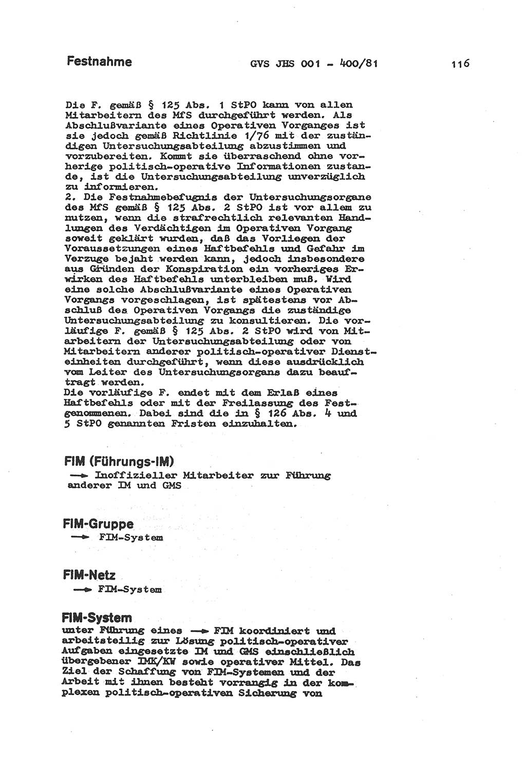 Wörterbuch der politisch-operativen Arbeit, Ministerium für Staatssicherheit (MfS) [Deutsche Demokratische Republik (DDR)], Juristische Hochschule (JHS), Geheime Verschlußsache (GVS) o001-400/81, Potsdam 1985, Blatt 116 (Wb. pol.-op. Arb. MfS DDR JHS GVS o001-400/81 1985, Bl. 116)