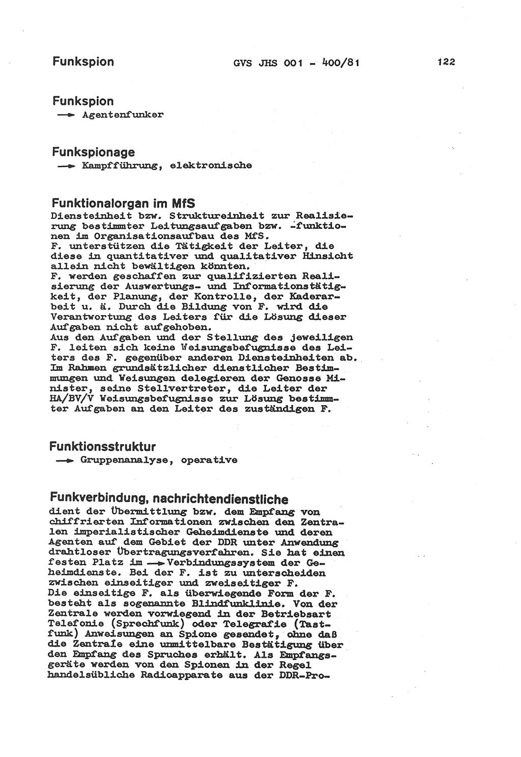 Wörterbuch der politisch-operativen Arbeit, Ministerium für Staatssicherheit (MfS) [Deutsche Demokratische Republik (DDR)], Juristische Hochschule (JHS), Geheime Verschlußsache (GVS) o001-400/81, Potsdam 1985, Blatt 122 (Wb. pol.-op. Arb. MfS DDR JHS GVS o001-400/81 1985, Bl. 122)