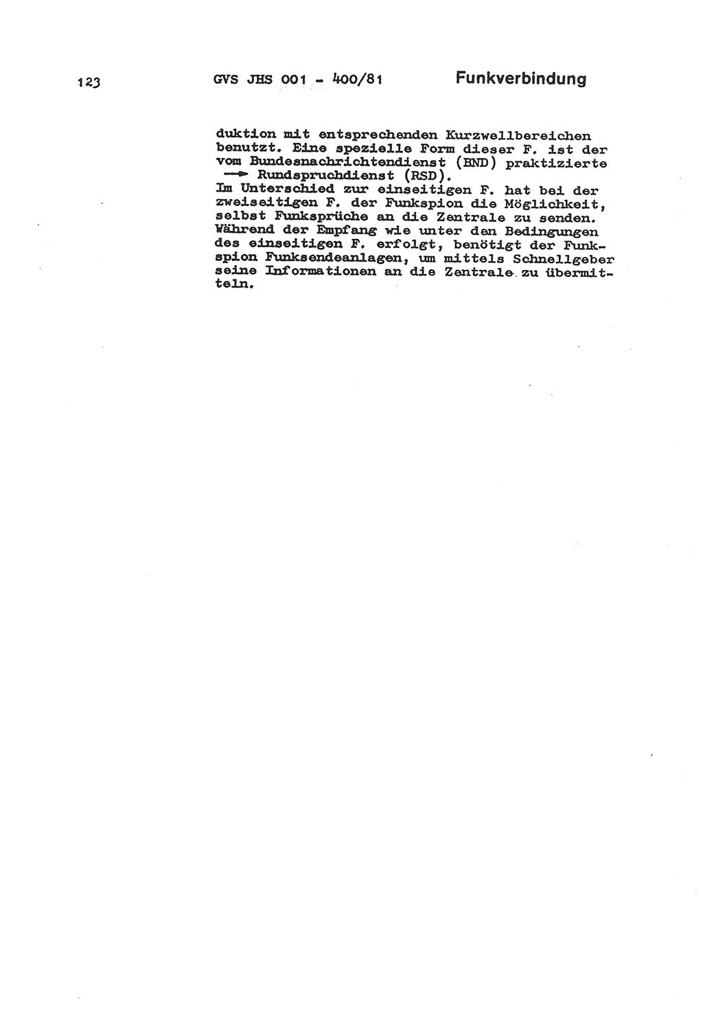Wörterbuch der politisch-operativen Arbeit, Ministerium für Staatssicherheit (MfS) [Deutsche Demokratische Republik (DDR)], Juristische Hochschule (JHS), Geheime Verschlußsache (GVS) o001-400/81, Potsdam 1985, Blatt 123 (Wb. pol.-op. Arb. MfS DDR JHS GVS o001-400/81 1985, Bl. 123)