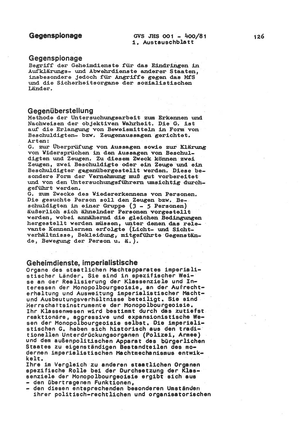 Wörterbuch der politisch-operativen Arbeit, Ministerium für Staatssicherheit (MfS) [Deutsche Demokratische Republik (DDR)], Juristische Hochschule (JHS), Geheime Verschlußsache (GVS) o001-400/81, Potsdam 1985, Blatt 126 (Wb. pol.-op. Arb. MfS DDR JHS GVS o001-400/81 1985, Bl. 126)